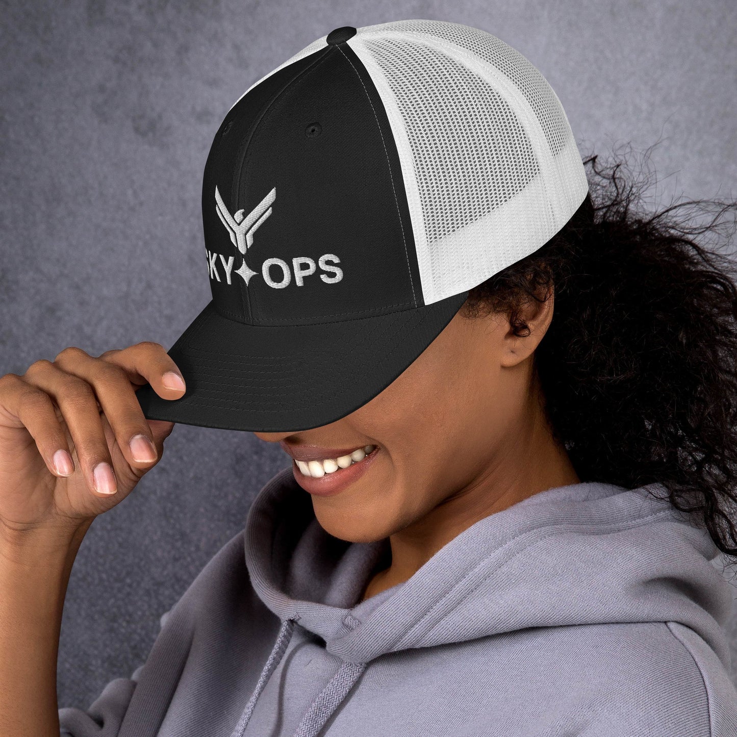 Trucker Cap - Sky Ops Live Custom Logo (Black/White w/White Embroidery)