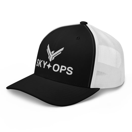 Trucker Cap - Sky Ops Live Custom Logo (Black/White w/White Embroidery)