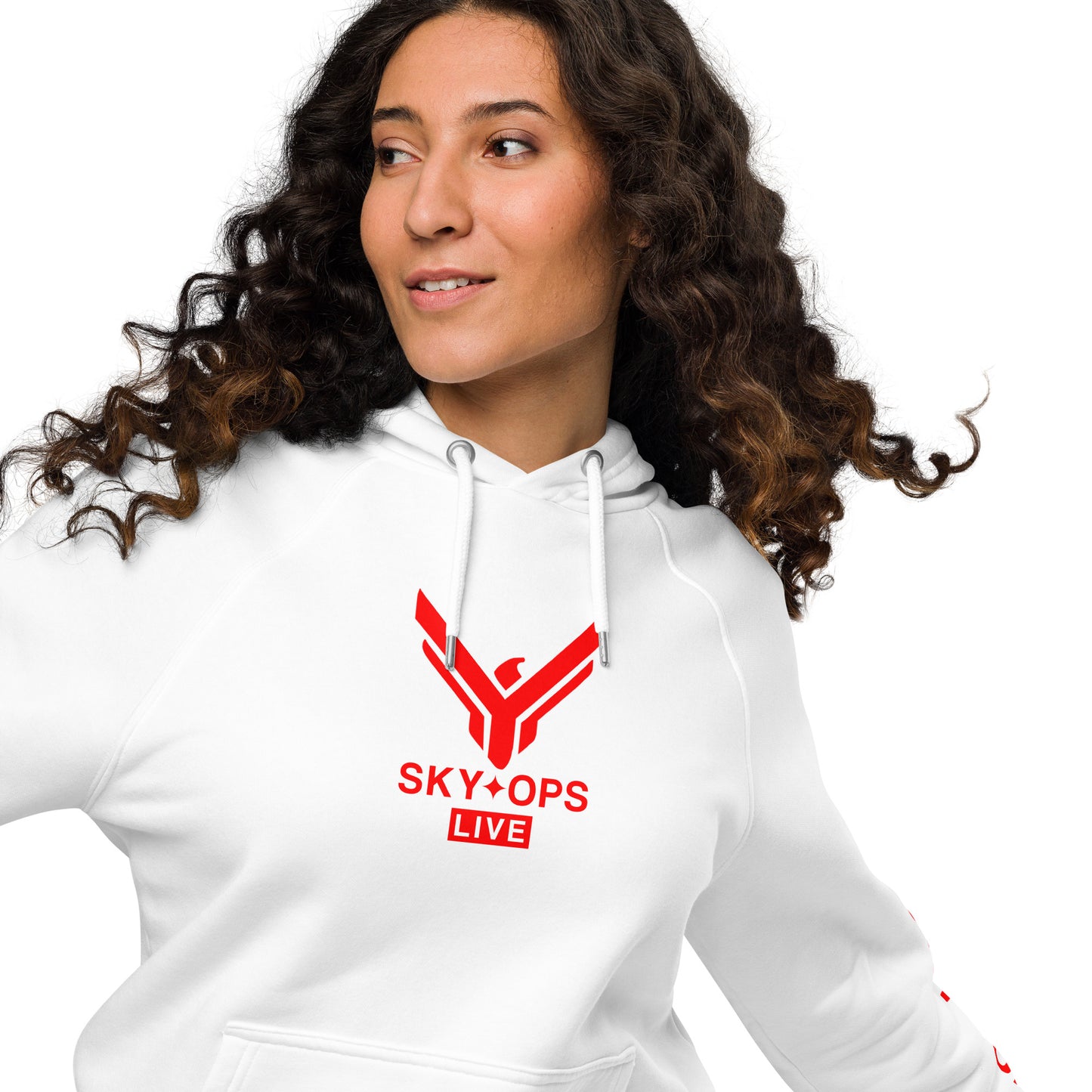 Unisex Eco Raglan Hoodie - Sky Ops Live Classic Logo Front w/ Signature Logo Left Sleeve in Thunderbird Red