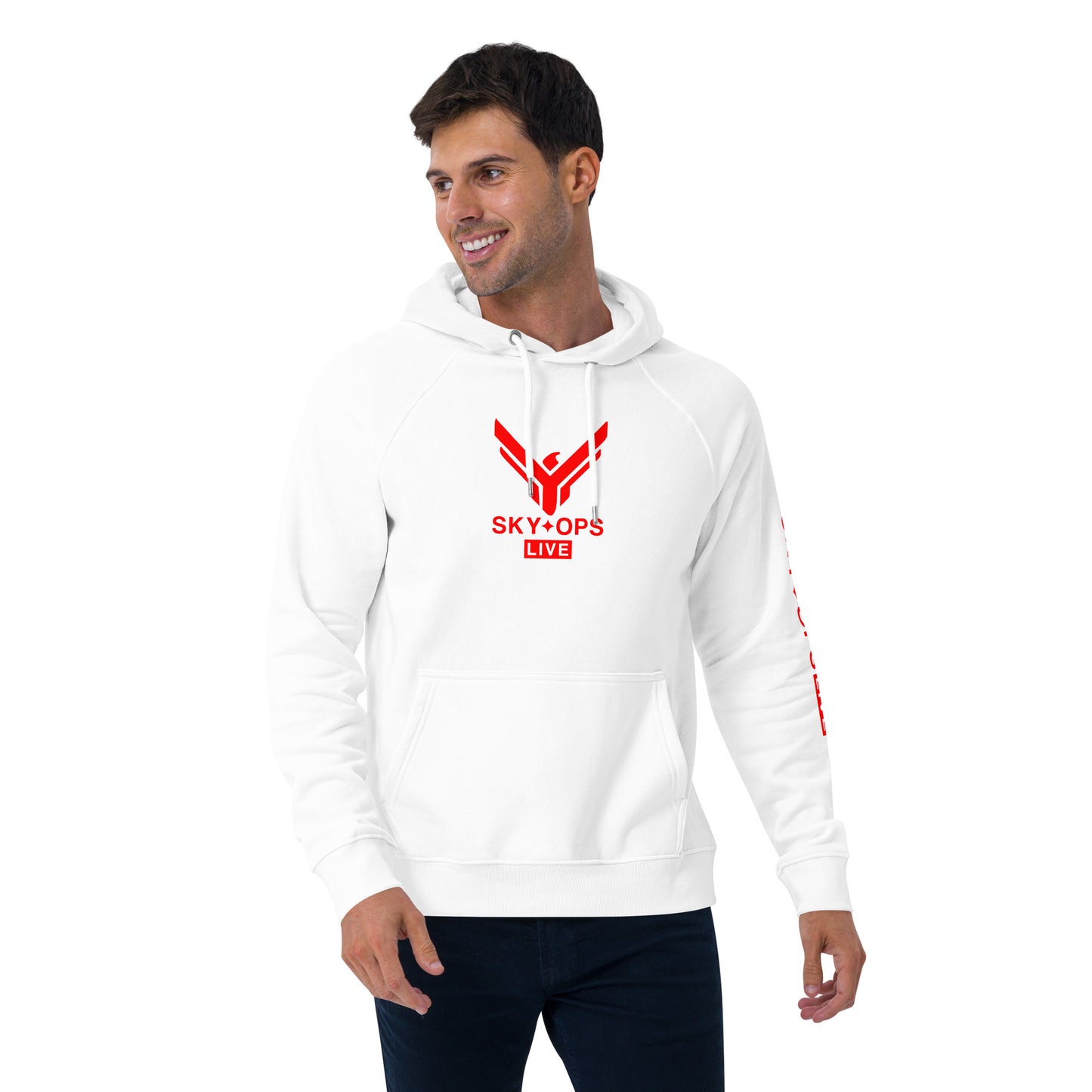 Unisex Eco Raglan Hoodie - Sky Ops Live Classic Logo Front w/ Signature Logo Left Sleeve in Thunderbird Red