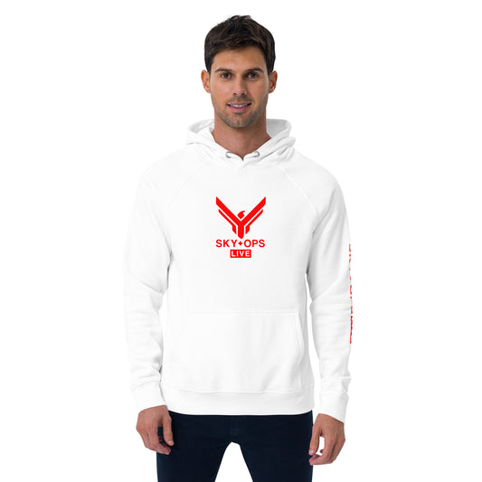 Unisex Eco Raglan Hoodie - Sky Ops Live Classic Logo Front w/ Signature Logo Left Sleeve in Thunderbird Red