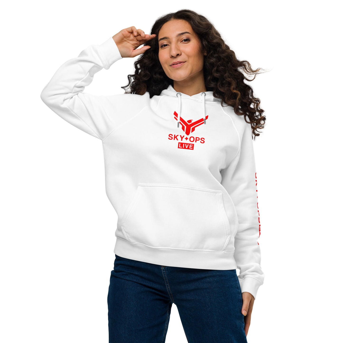 Unisex Eco Raglan Hoodie - Sky Ops Live Classic Logo Front w/ Signature Logo Left Sleeve in Thunderbird Red