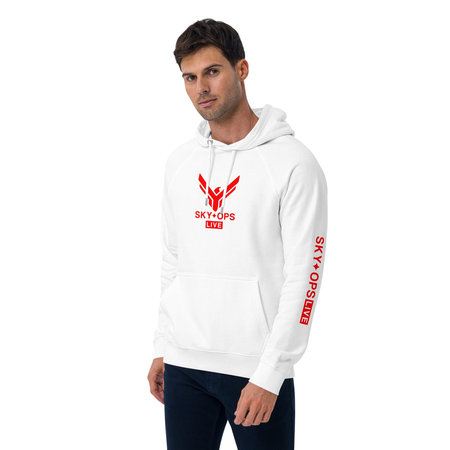 Unisex Eco Raglan Hoodie - Sky Ops Live Classic Logo Front w/ Signature Logo Left Sleeve in Thunderbird Red