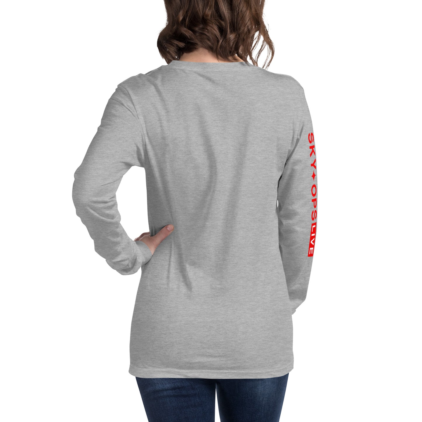 Unisex Long Sleeve Tee - Sky Ops Live Classic Logo Front w/ Signature Logo Right Sleeve in Thunderbird Red