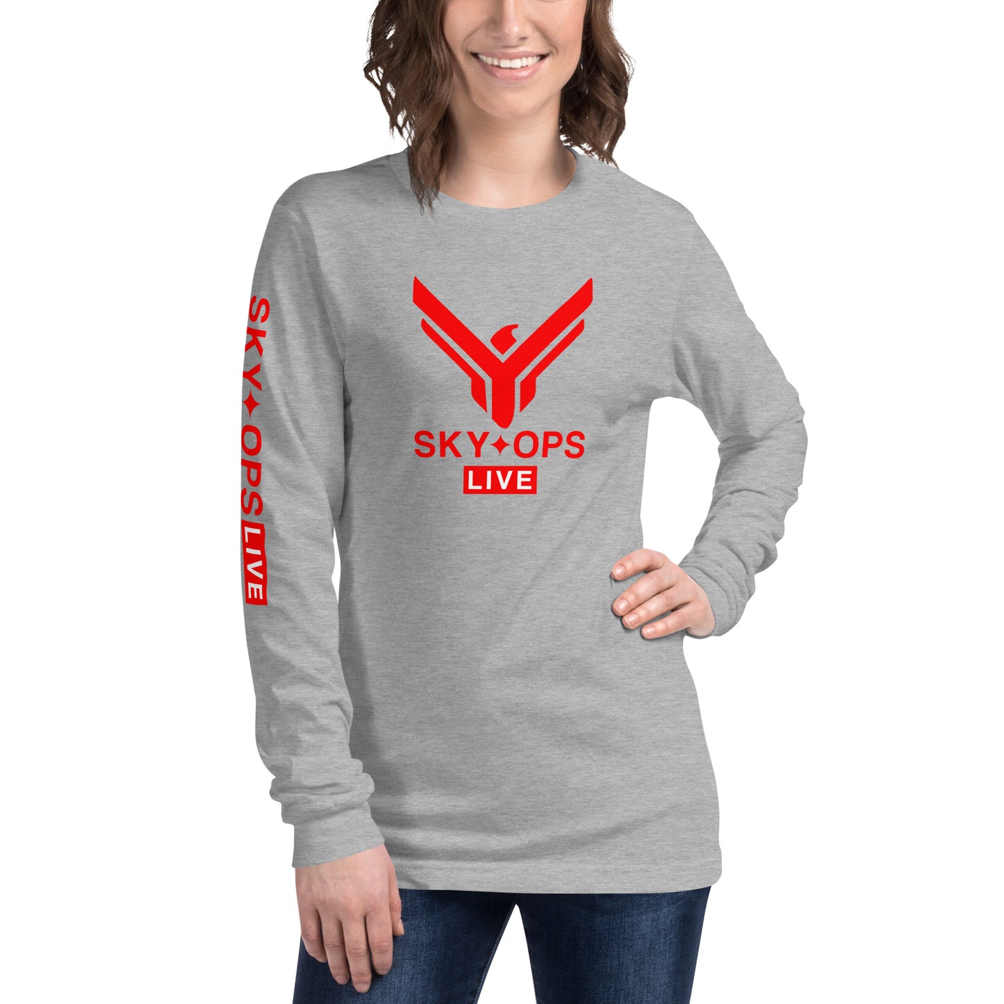 Unisex Long Sleeve Tee - Sky Ops Live Classic Logo Front w/ Signature Logo Right Sleeve in Thunderbird Red