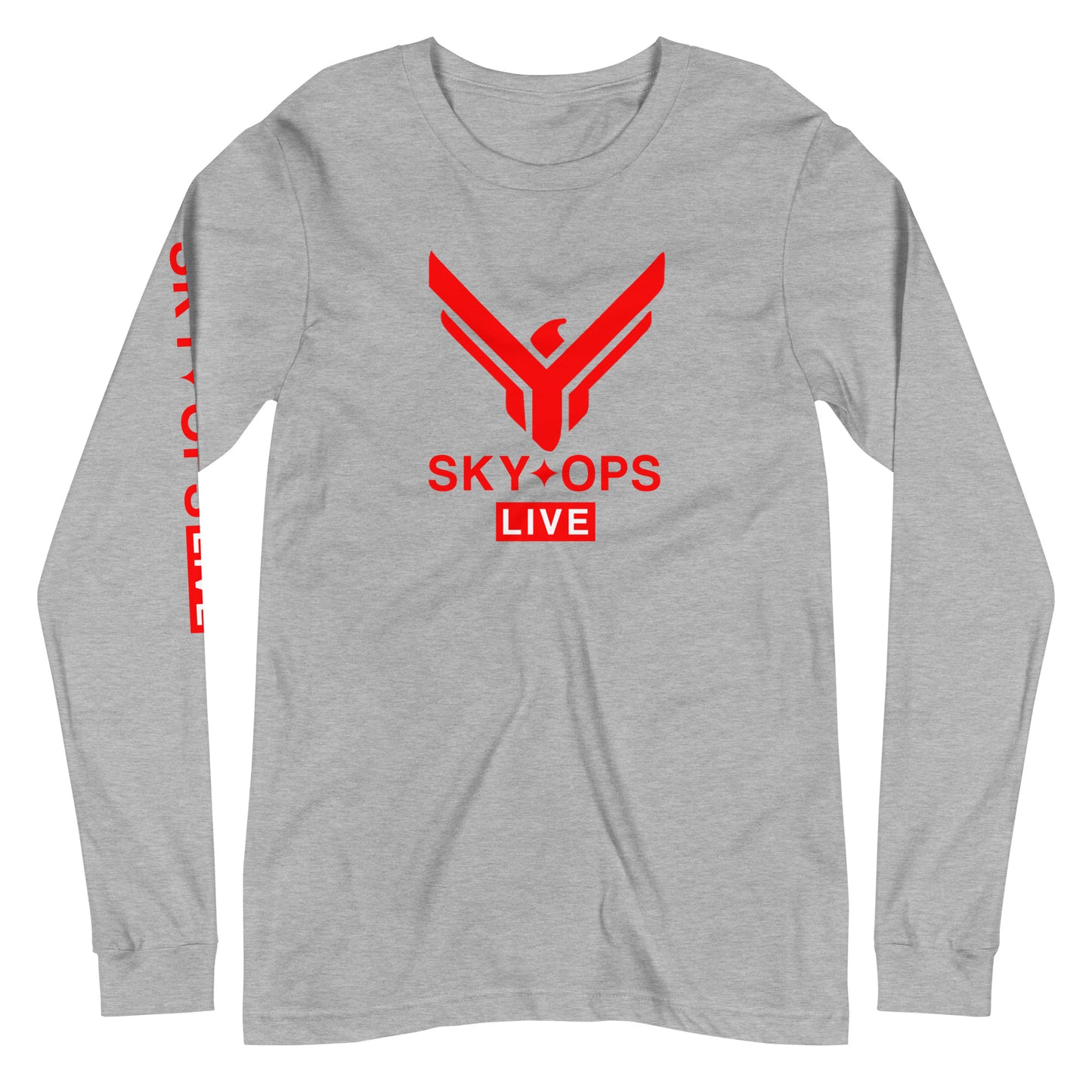 Unisex Long Sleeve Tee - Sky Ops Live Classic Logo Front w/ Signature Logo Right Sleeve in Thunderbird Red