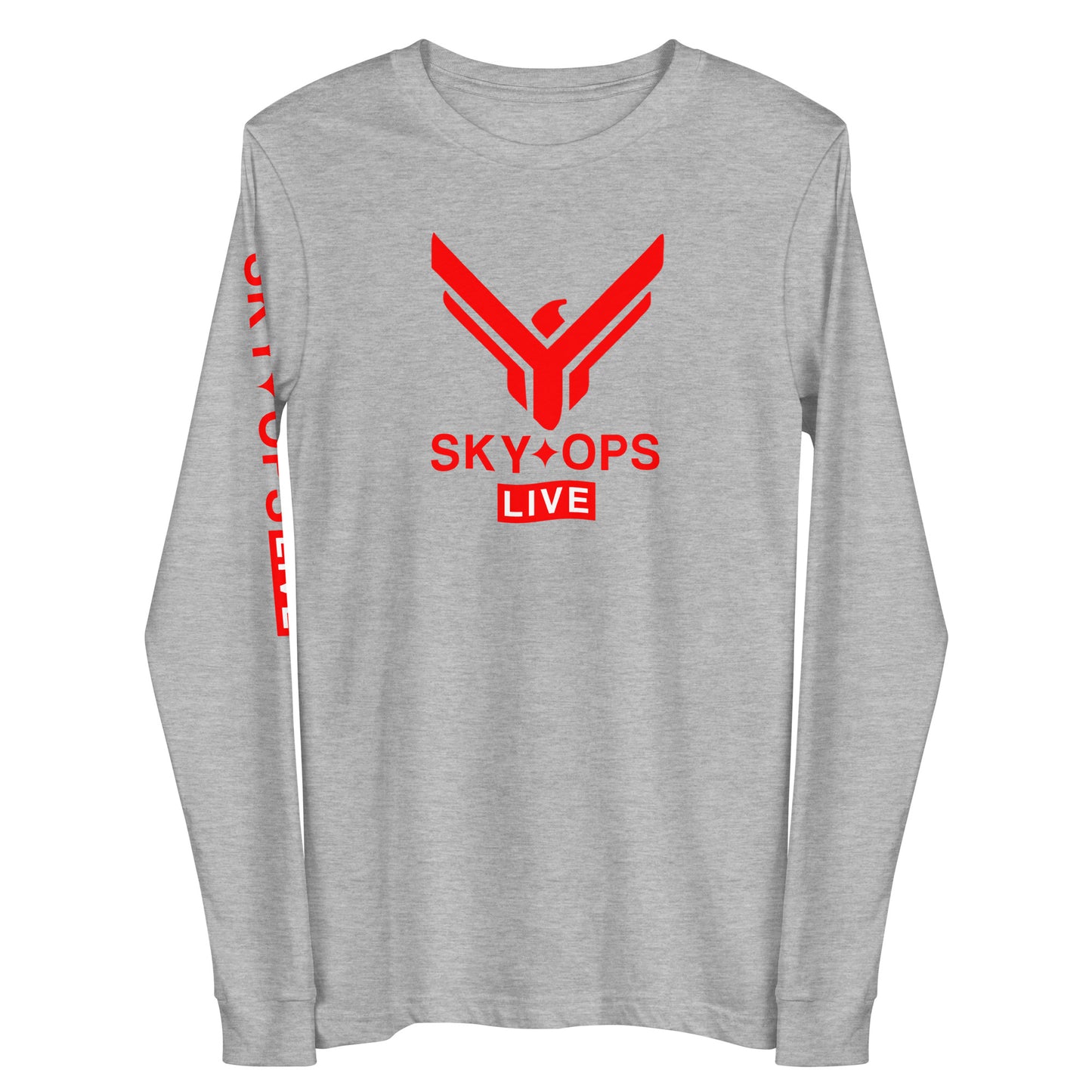 Unisex Long Sleeve Tee - Sky Ops Live Classic Logo Front w/ Signature Logo Right Sleeve in Thunderbird Red