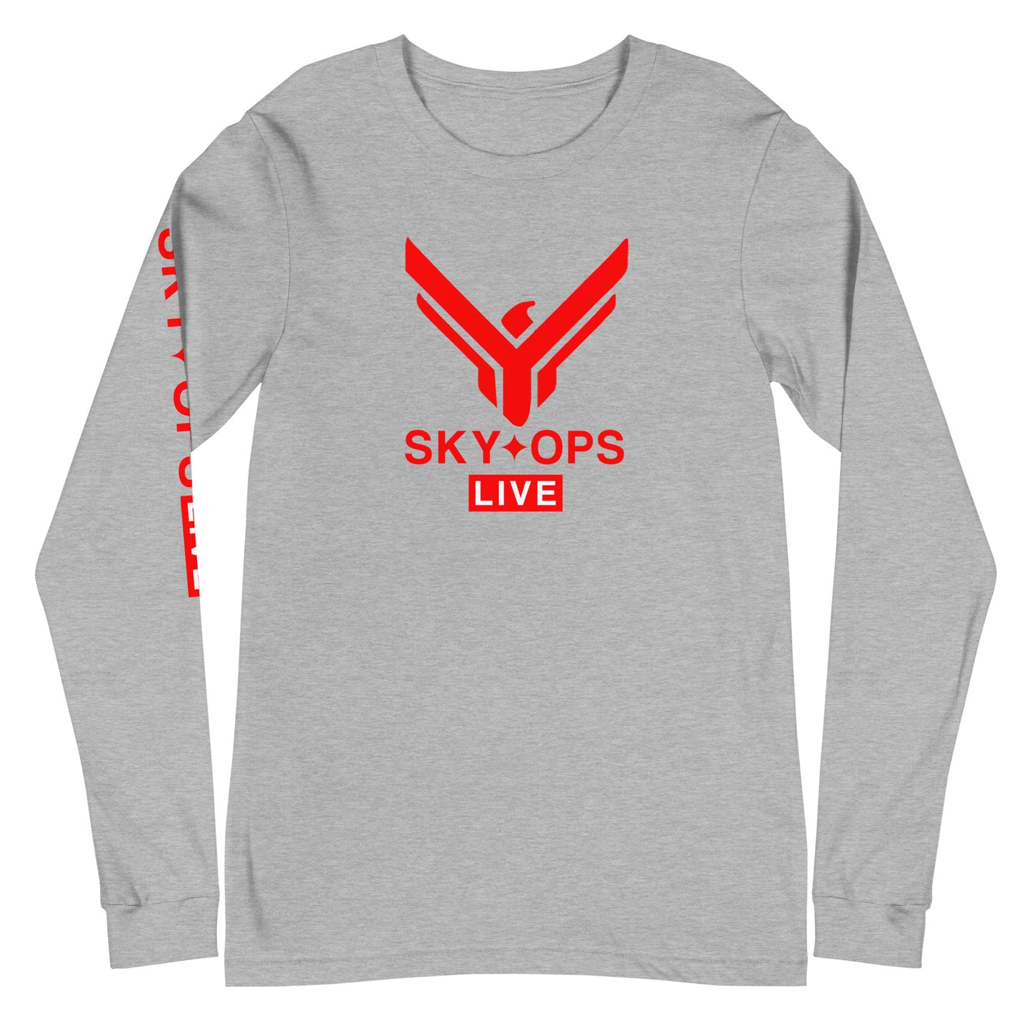 Unisex Long Sleeve Tee - Sky Ops Live Classic Logo Front w/ Signature Logo Right Sleeve in Thunderbird Red