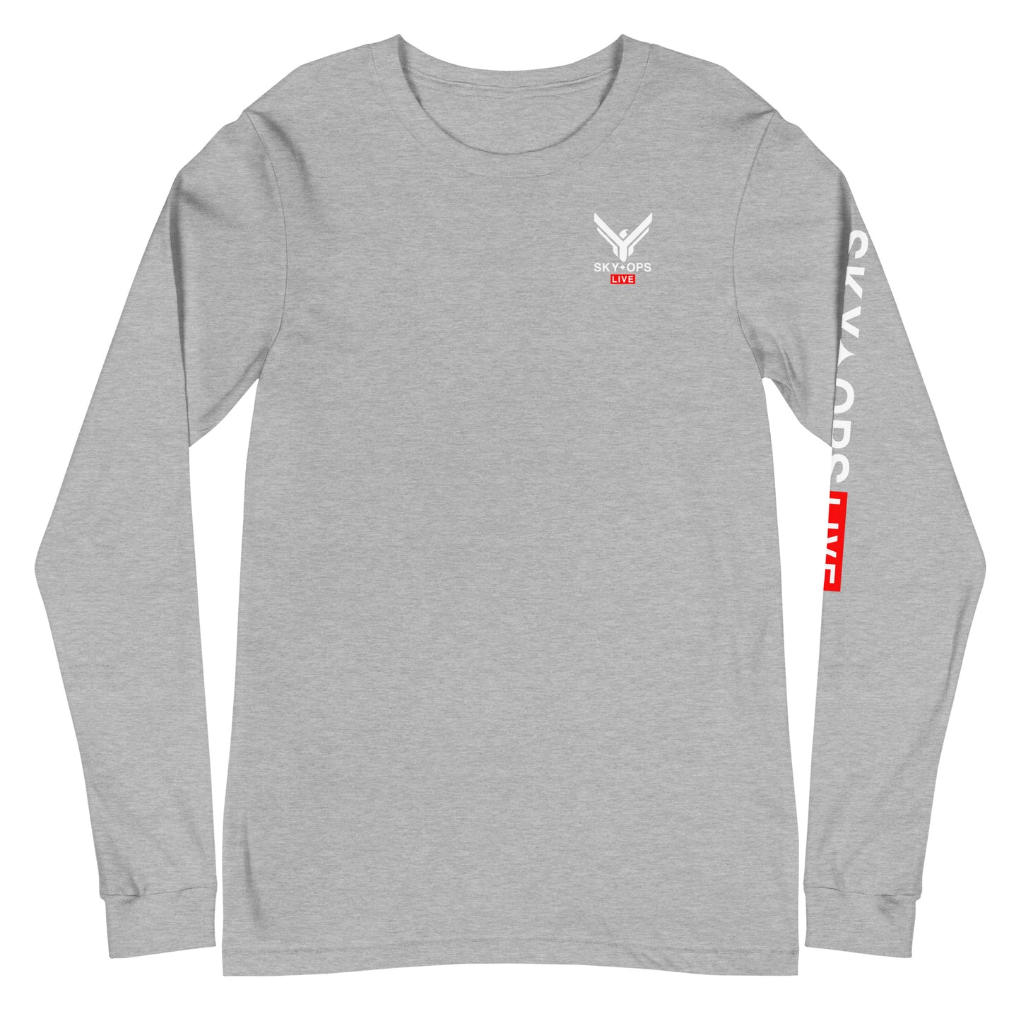 Unisex Long Sleeve Tee - Sky Ops Live Classic Logo Mini on Front & Back w/ Signature Logo Left Sleeve