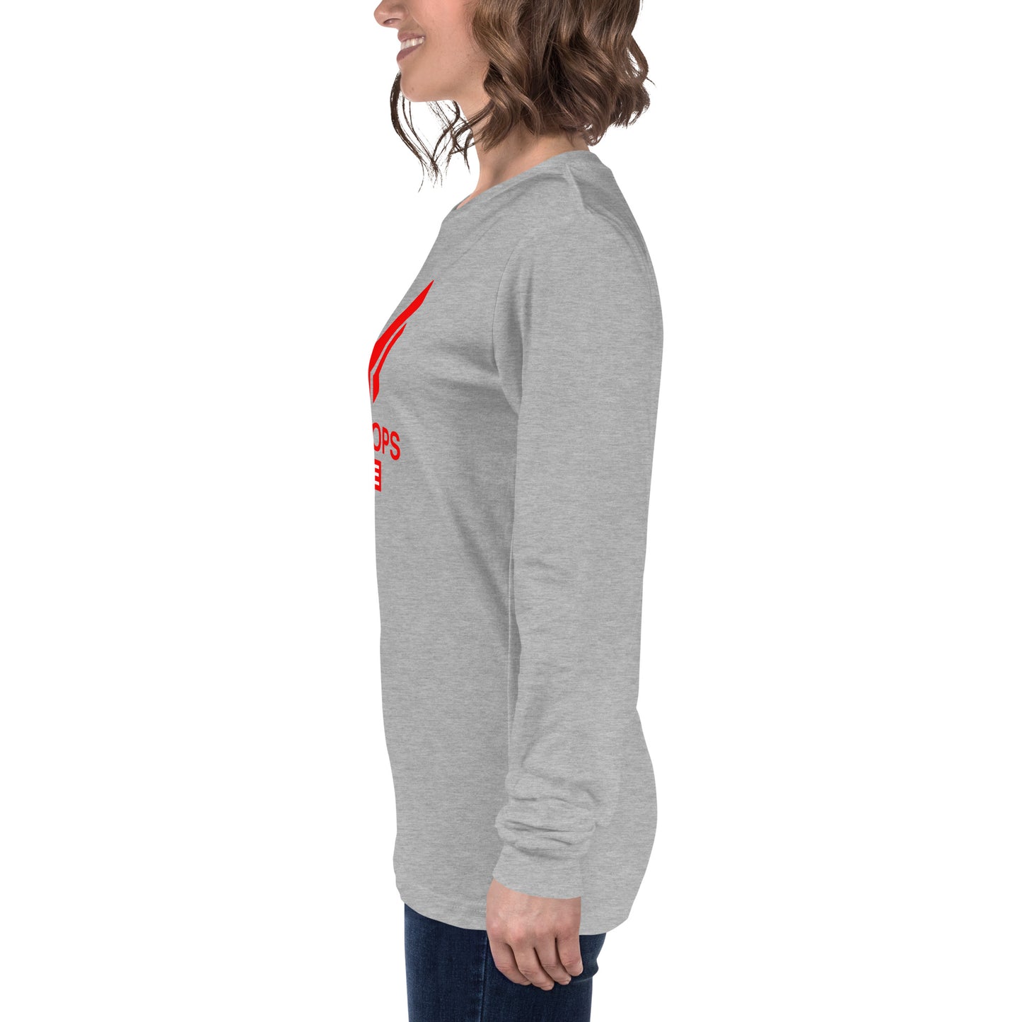 Unisex Long Sleeve Tee - Sky Ops Live Classic Logo Front w/ Signature Logo Right Sleeve in Thunderbird Red