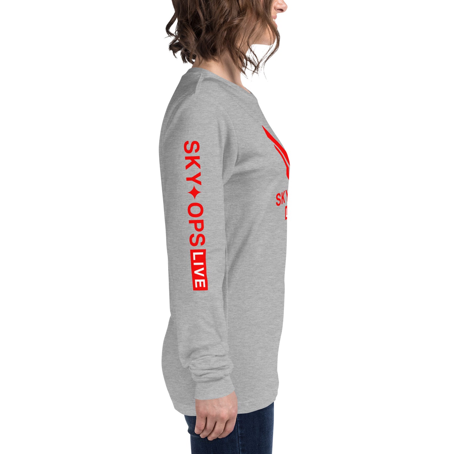 Unisex Long Sleeve Tee - Sky Ops Live Classic Logo Front w/ Signature Logo Right Sleeve in Thunderbird Red