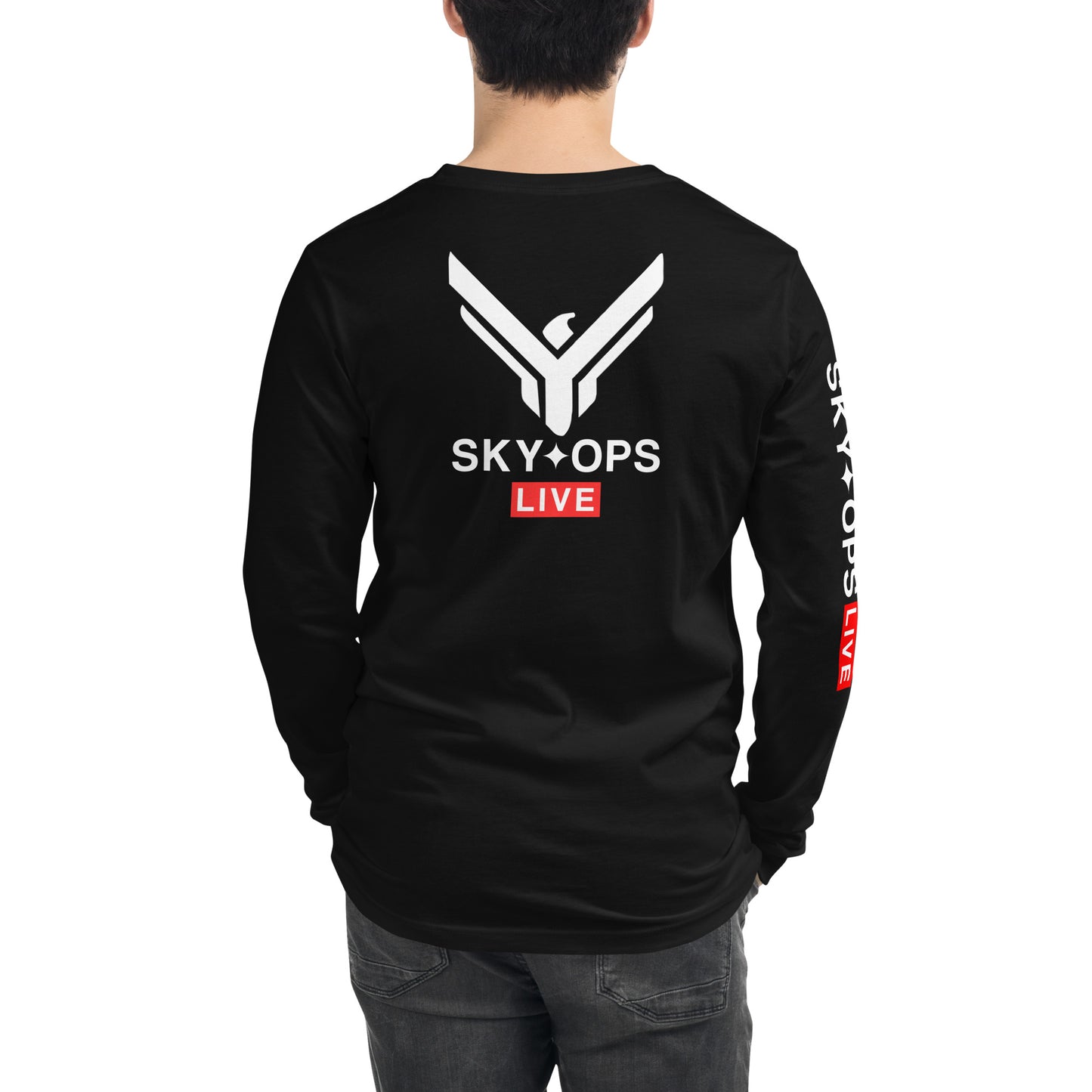 Unisex Long Sleeve Tee - Sky Ops Live Classic Logo on Back w/ Signature Logo Right Sleeve