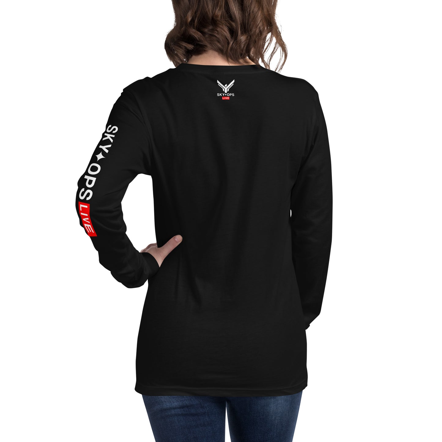 Unisex Long Sleeve Tee - Sky Ops Live Classic Logo Mini on Front & Back w/ Signature Logo Left Sleeve