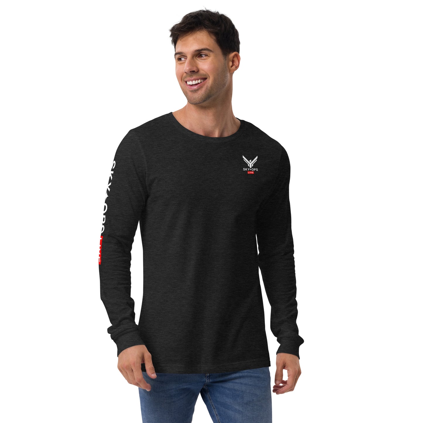 Unisex Long Sleeve Tee - Sky Ops Live Classic Logo on Back w/ Signature Logo Right Sleeve