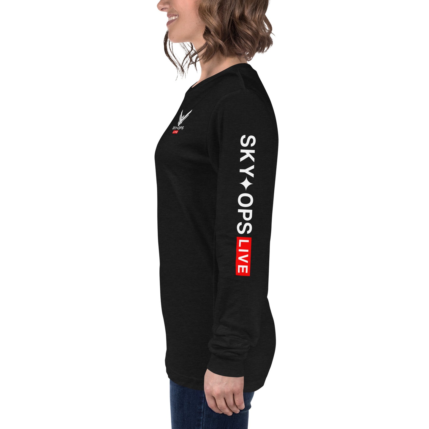 Unisex Long Sleeve Tee - Sky Ops Live Classic Logo Mini on Front & Back w/ Signature Logo Left Sleeve