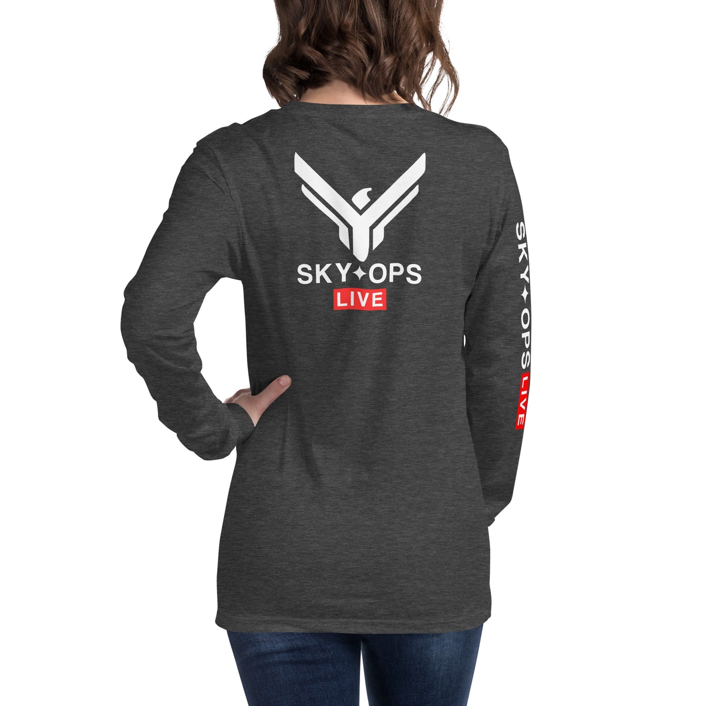 Unisex Long Sleeve Tee - Sky Ops Live Classic Logo on Back w/ Signature Logo Right Sleeve