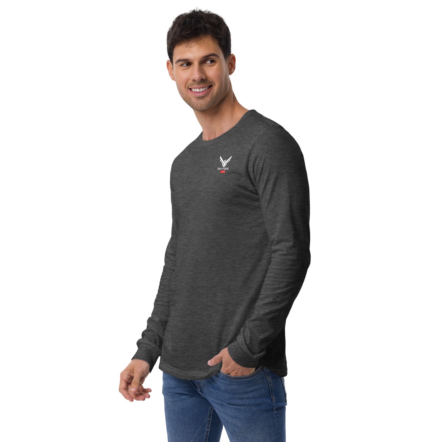 Unisex Long Sleeve Tee - Sky Ops Live Classic Logo on Back w/ Signature Logo Right Sleeve