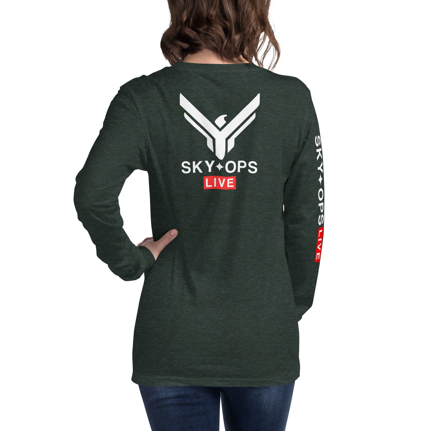 Unisex Long Sleeve Tee - Sky Ops Live Classic Logo on Back w/ Signature Logo Right Sleeve