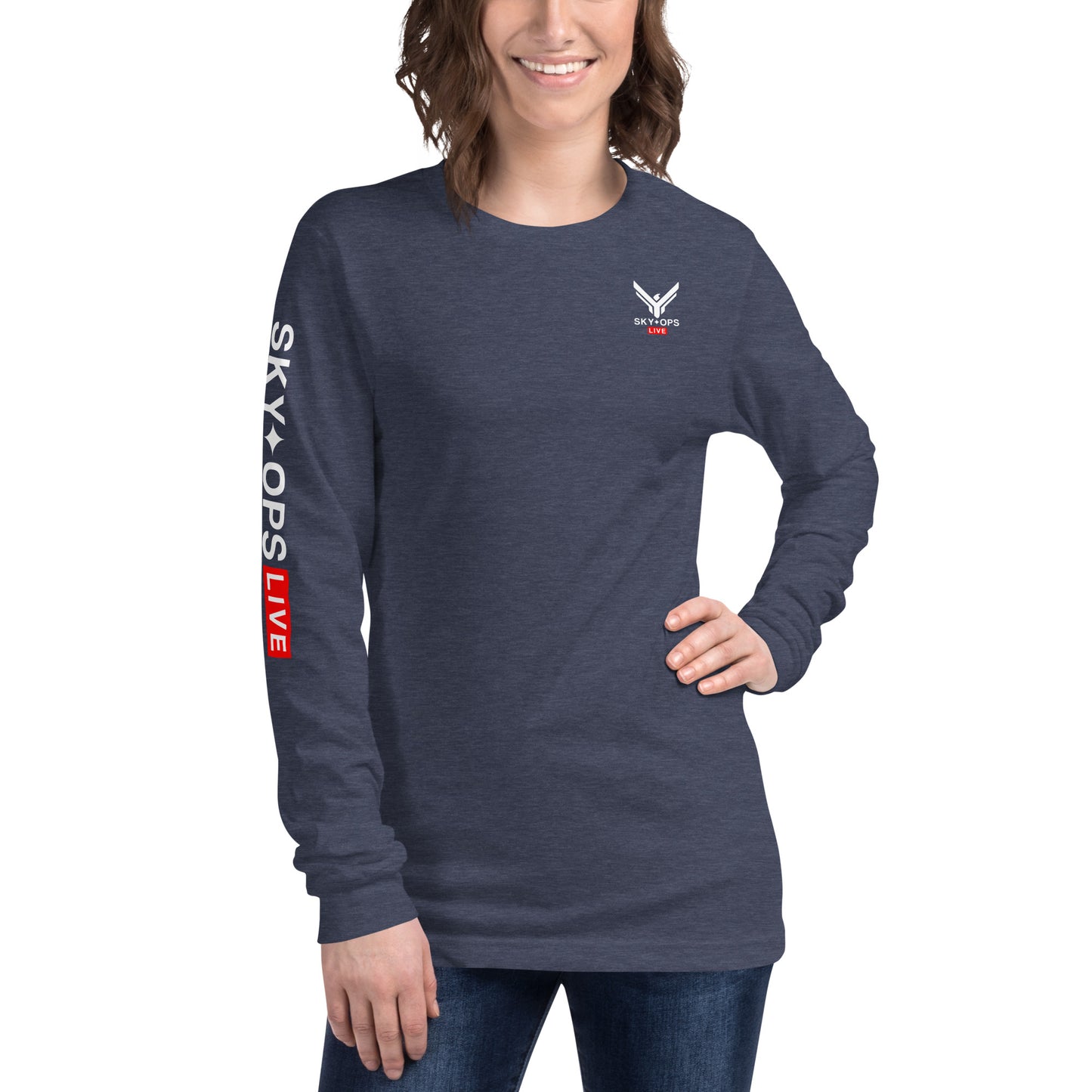 Unisex Long Sleeve Tee - Sky Ops Live Classic Logo on Back w/ Signature Logo Right Sleeve