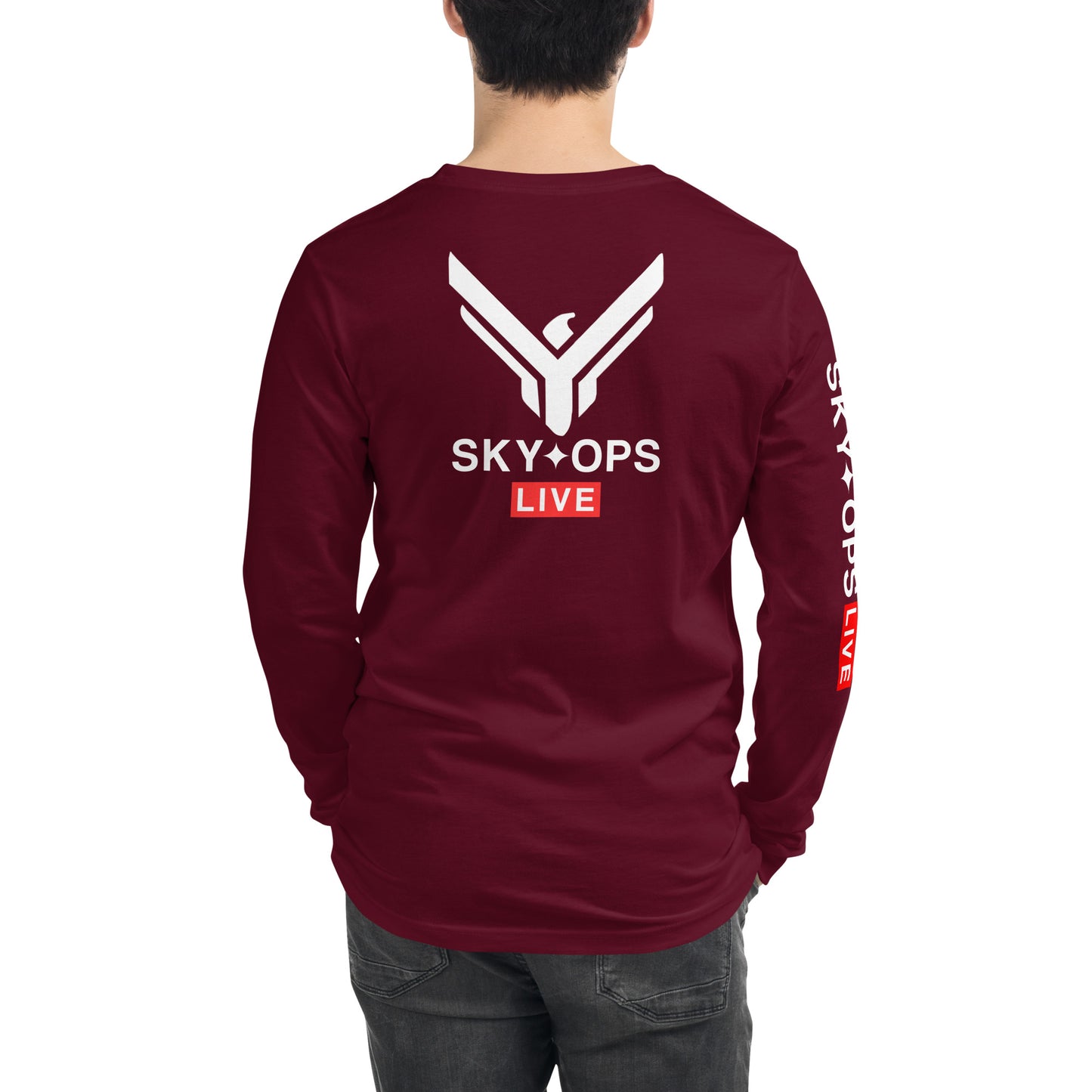 Unisex Long Sleeve Tee - Sky Ops Live Classic Logo on Back w/ Signature Logo Right Sleeve