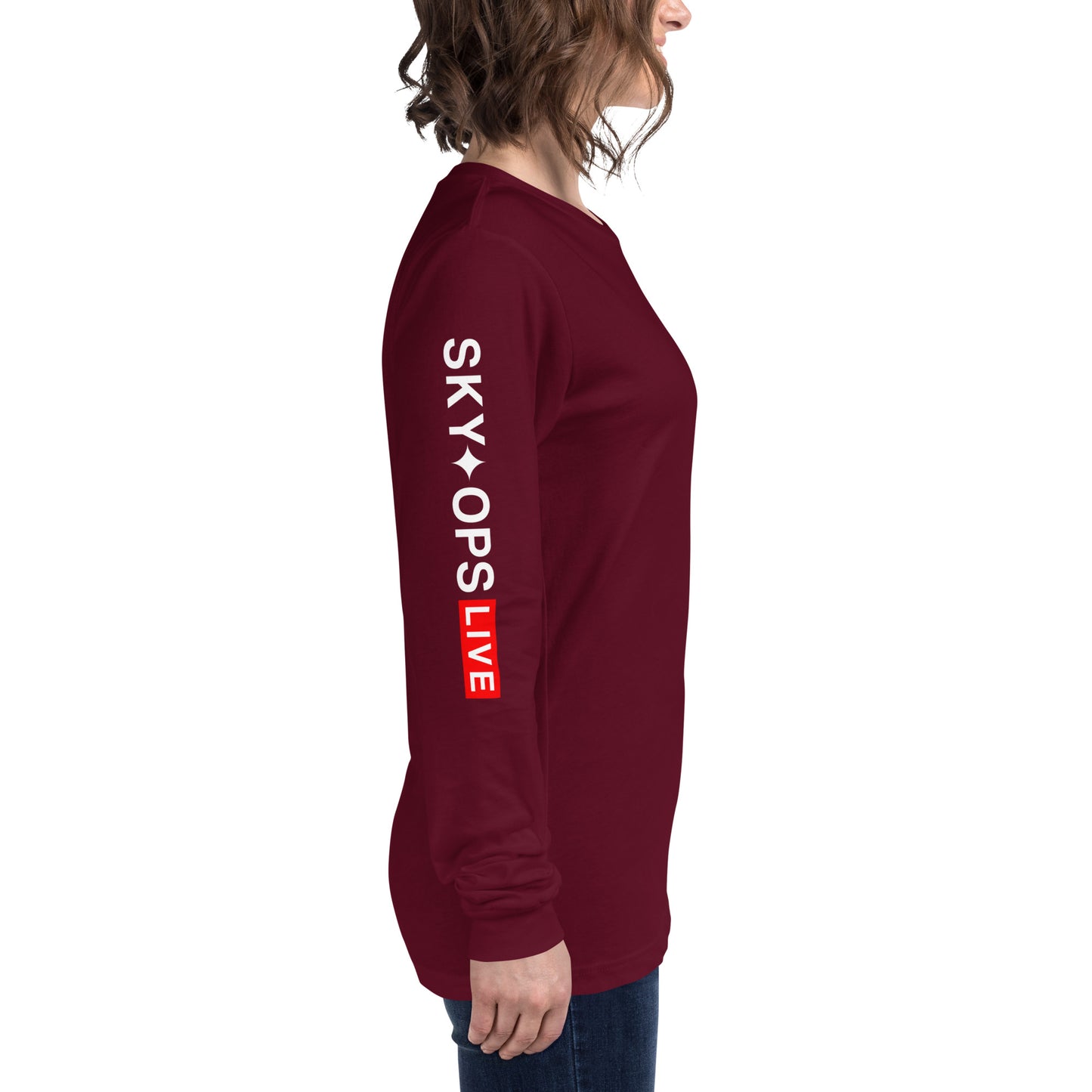 Unisex Long Sleeve Tee - Sky Ops Live Classic Logo on Back w/ Signature Logo Right Sleeve