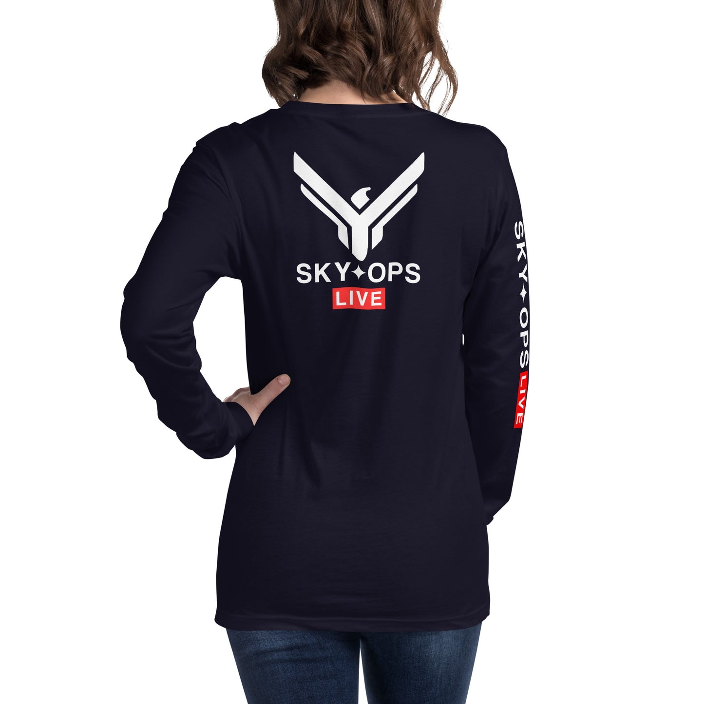 Unisex Long Sleeve Tee - Sky Ops Live Classic Logo on Back w/ Signature Logo Right Sleeve