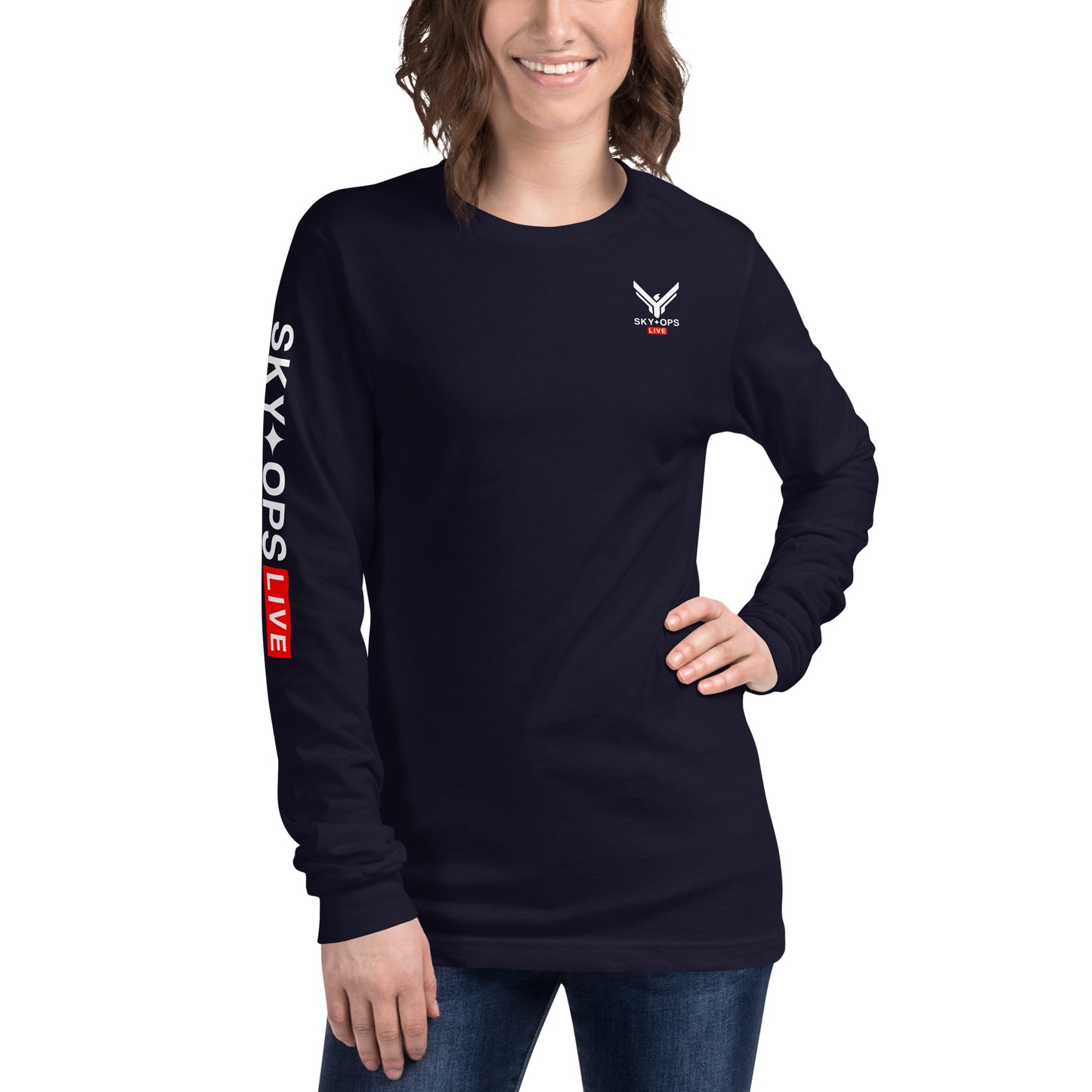 Unisex Long Sleeve Tee - Sky Ops Live Classic Logo on Back w/ Signature Logo Right Sleeve