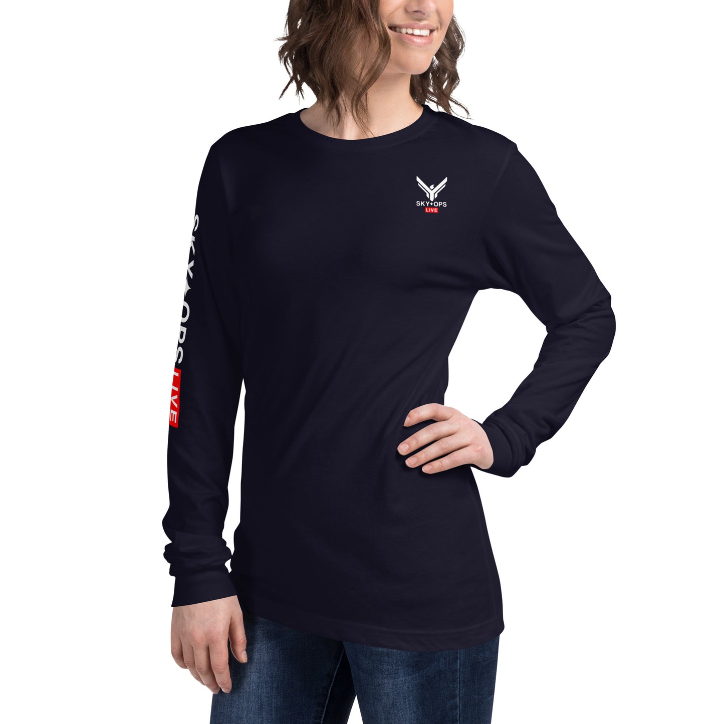 Unisex Long Sleeve Tee - Sky Ops Live Classic Logo on Back w/ Signature Logo Right Sleeve