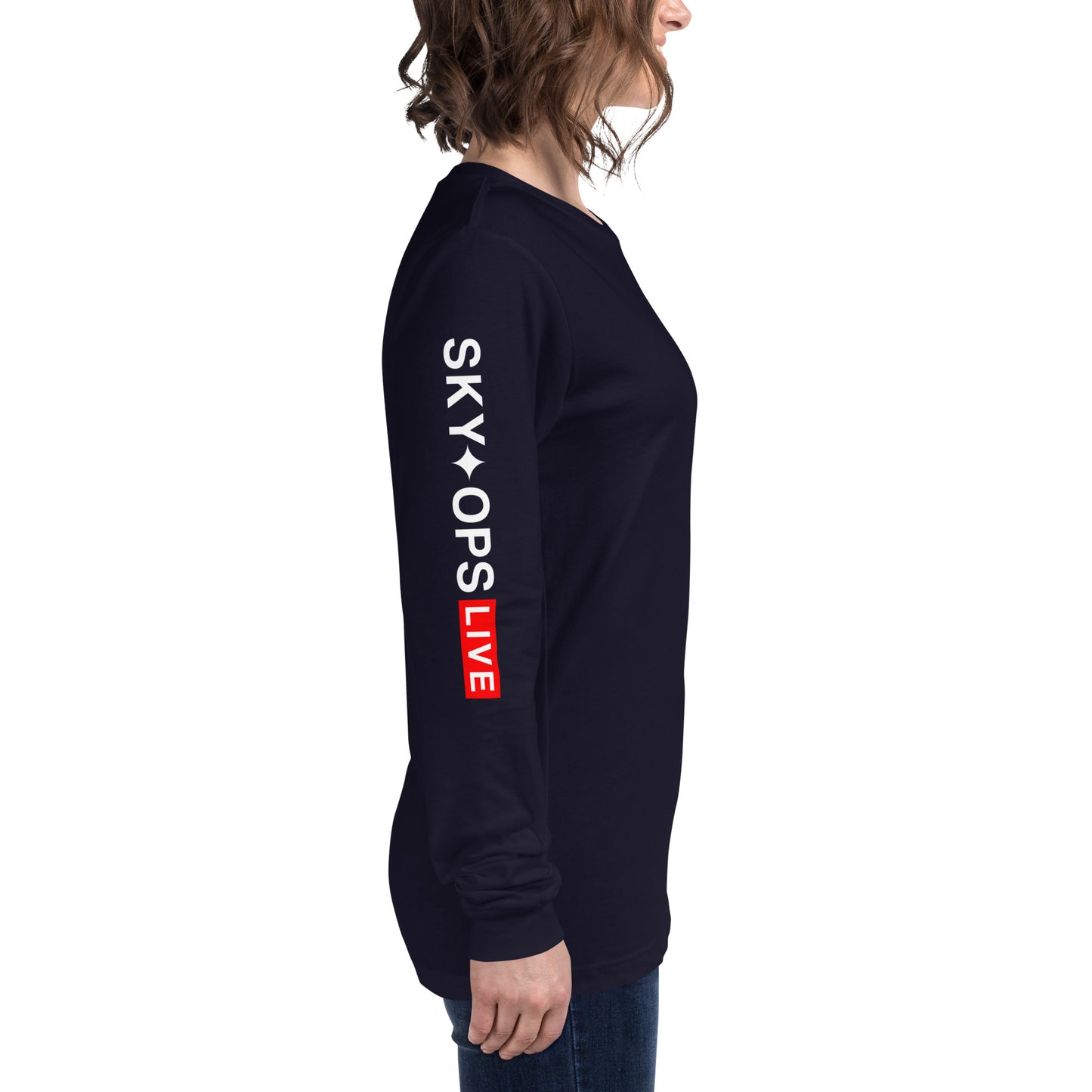 Unisex Long Sleeve Tee - Sky Ops Live Classic Logo on Back w/ Signature Logo Right Sleeve