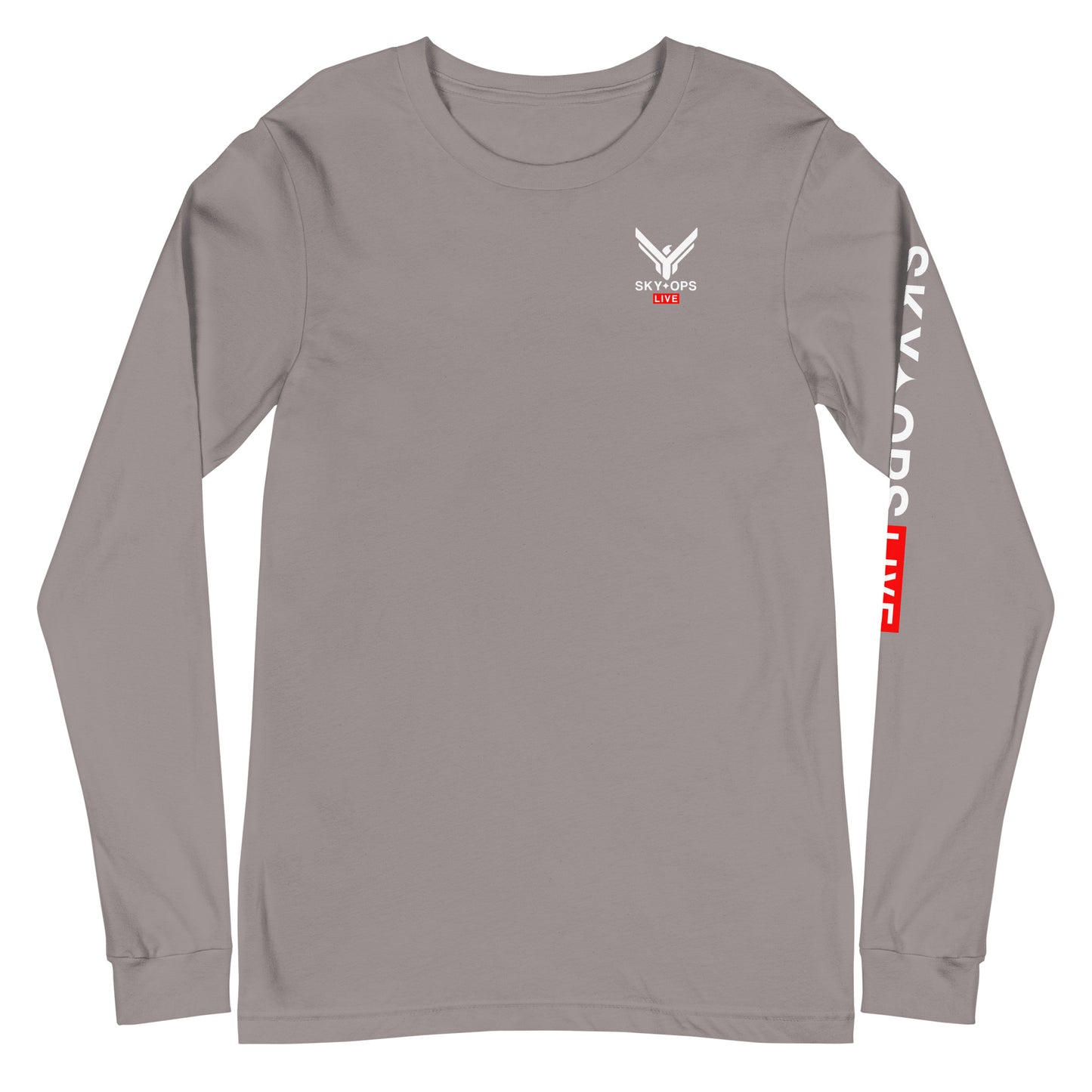 Unisex Long Sleeve Tee - Sky Ops Live Classic Logo Mini on Front & Back w/ Signature Logo Left Sleeve