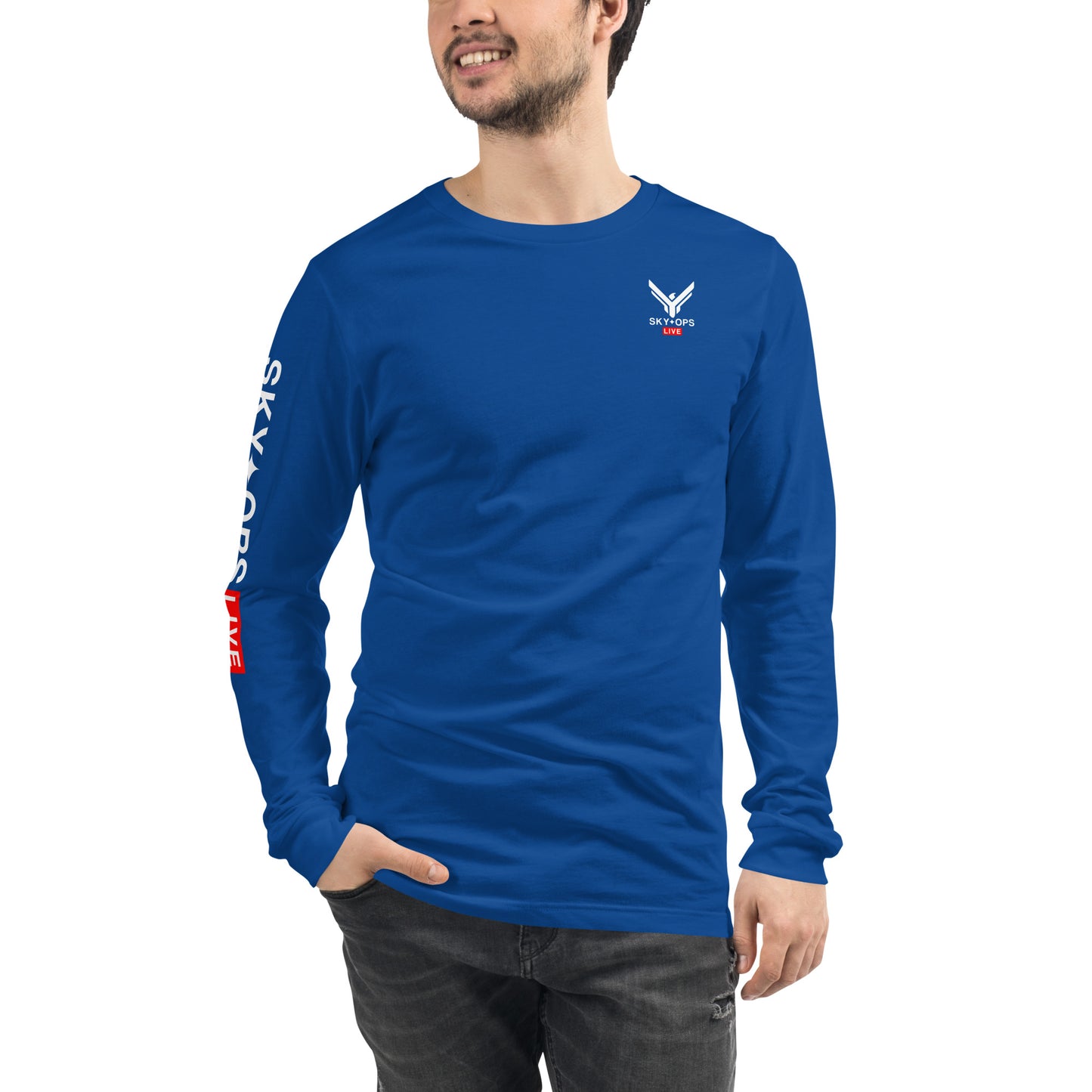 Unisex Long Sleeve Tee - Sky Ops Live Classic Logo on Back w/ Signature Logo Right Sleeve