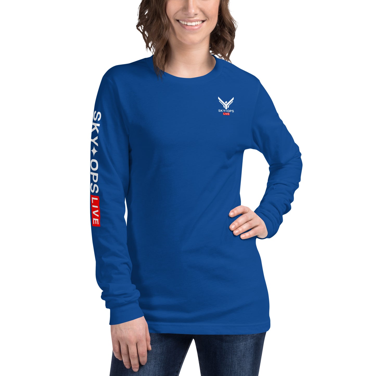 Unisex Long Sleeve Tee - Sky Ops Live Classic Logo on Back w/ Signature Logo Right Sleeve