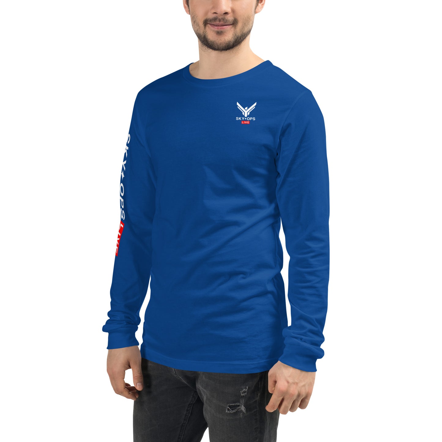 Unisex Long Sleeve Tee - Sky Ops Live Classic Logo on Back w/ Signature Logo Right Sleeve