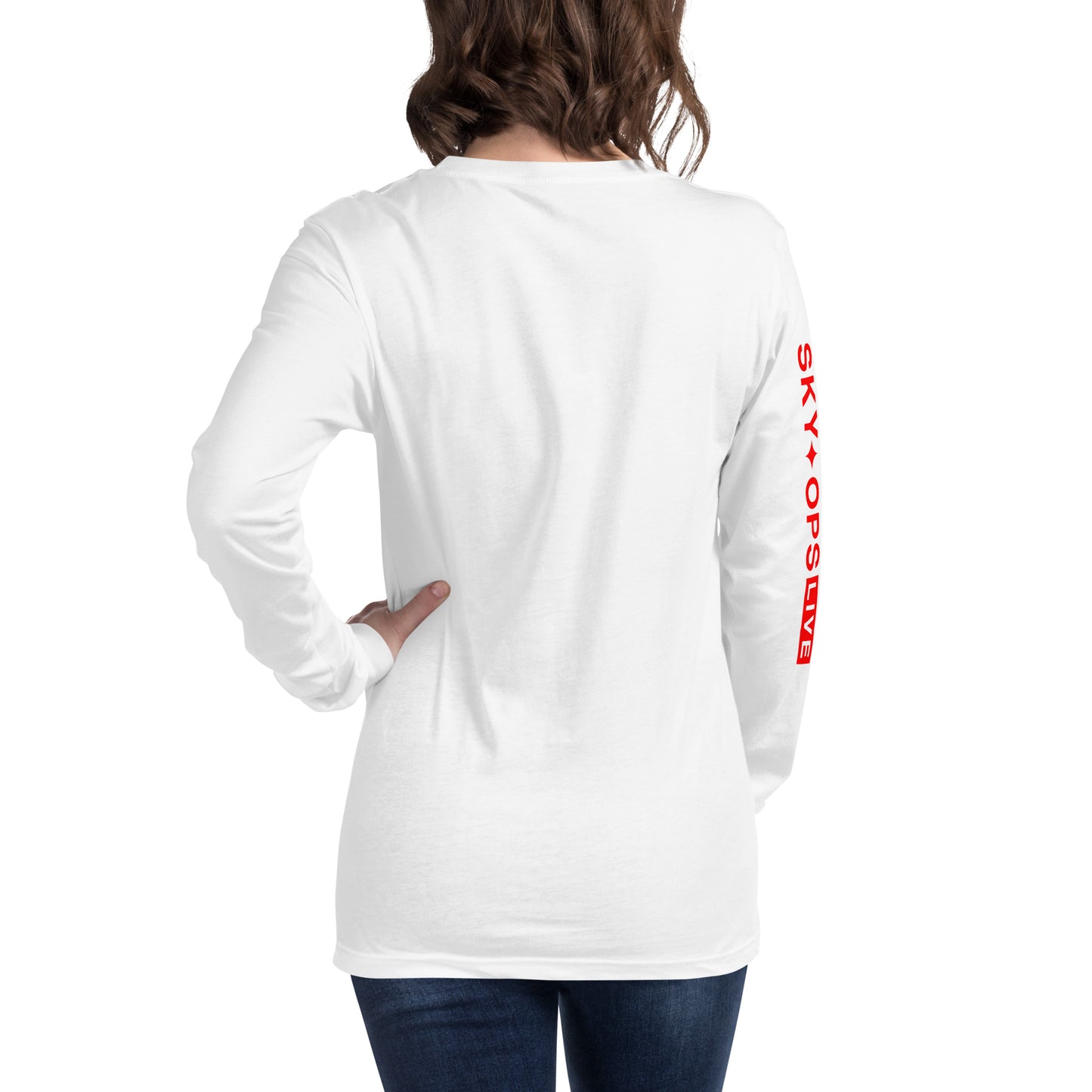 Unisex Long Sleeve Tee - Sky Ops Live Classic Logo Front w/ Signature Logo Right Sleeve in Thunderbird Red