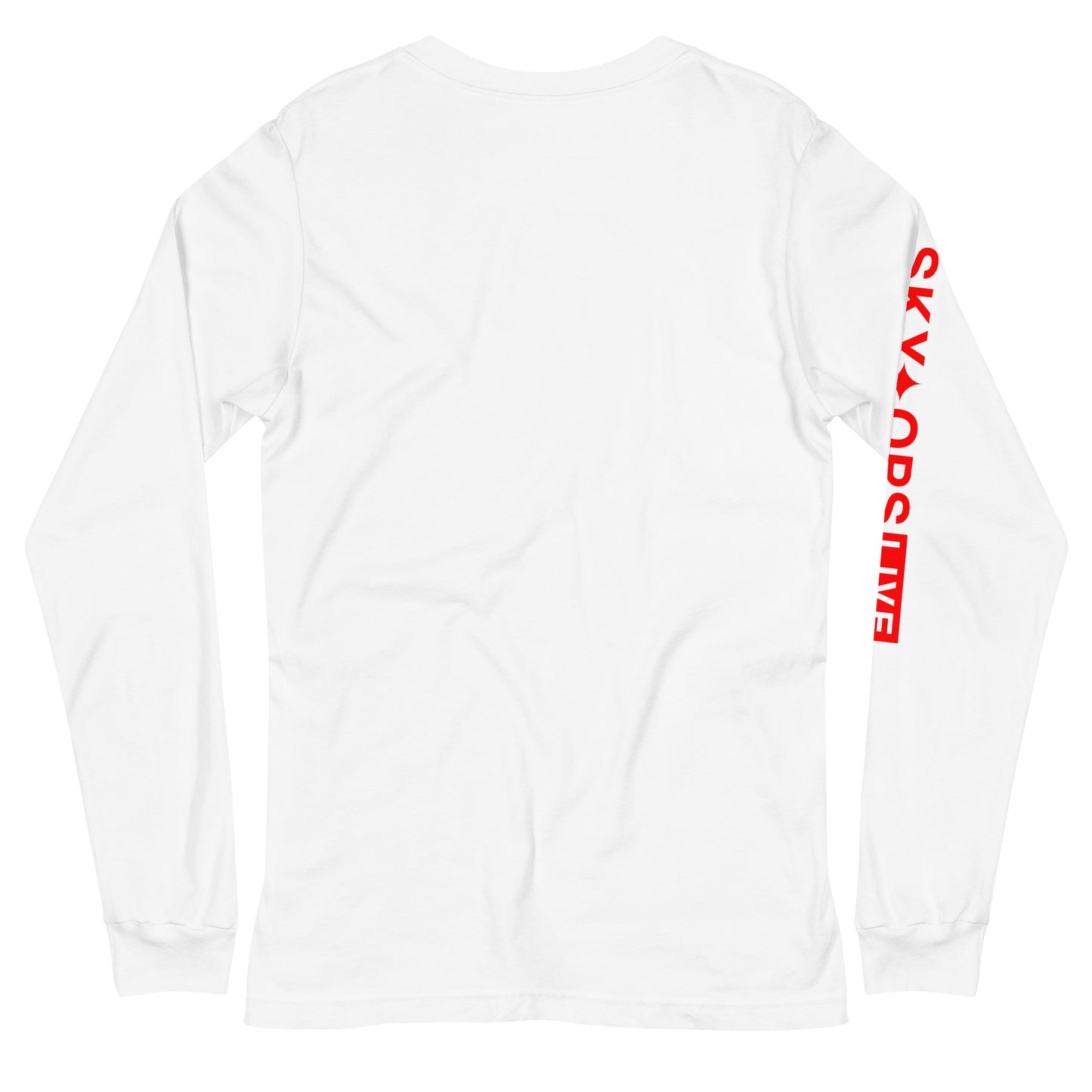 Unisex Long Sleeve Tee - Sky Ops Live Classic Logo Front w/ Signature Logo Right Sleeve in Thunderbird Red