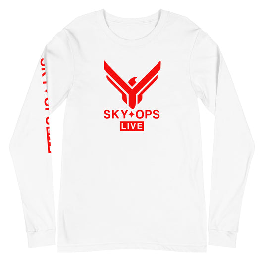 Unisex Long Sleeve Tee - Sky Ops Live Classic Logo Front w/ Signature Logo Right Sleeve in Thunderbird Red