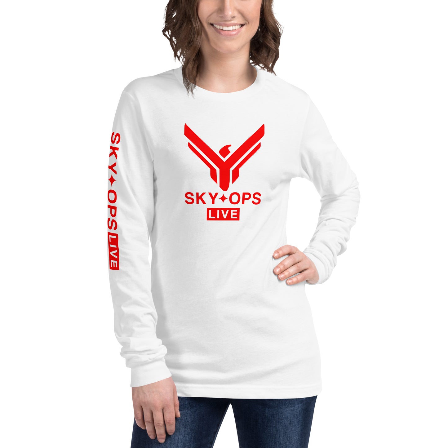 Unisex Long Sleeve Tee - Sky Ops Live Classic Logo Front w/ Signature Logo Right Sleeve in Thunderbird Red