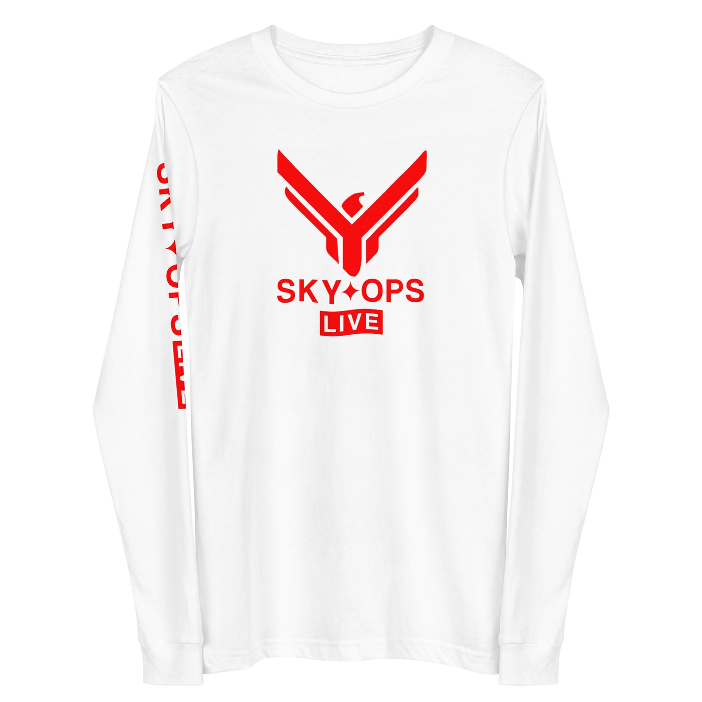 Unisex Long Sleeve Tee - Sky Ops Live Classic Logo Front w/ Signature Logo Right Sleeve in Thunderbird Red