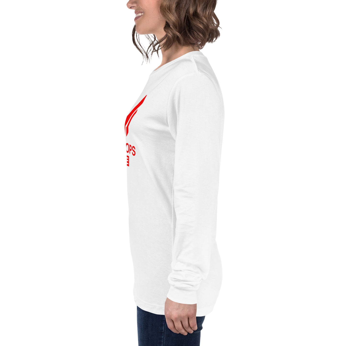 Unisex Long Sleeve Tee - Sky Ops Live Classic Logo Front w/ Signature Logo Right Sleeve in Thunderbird Red