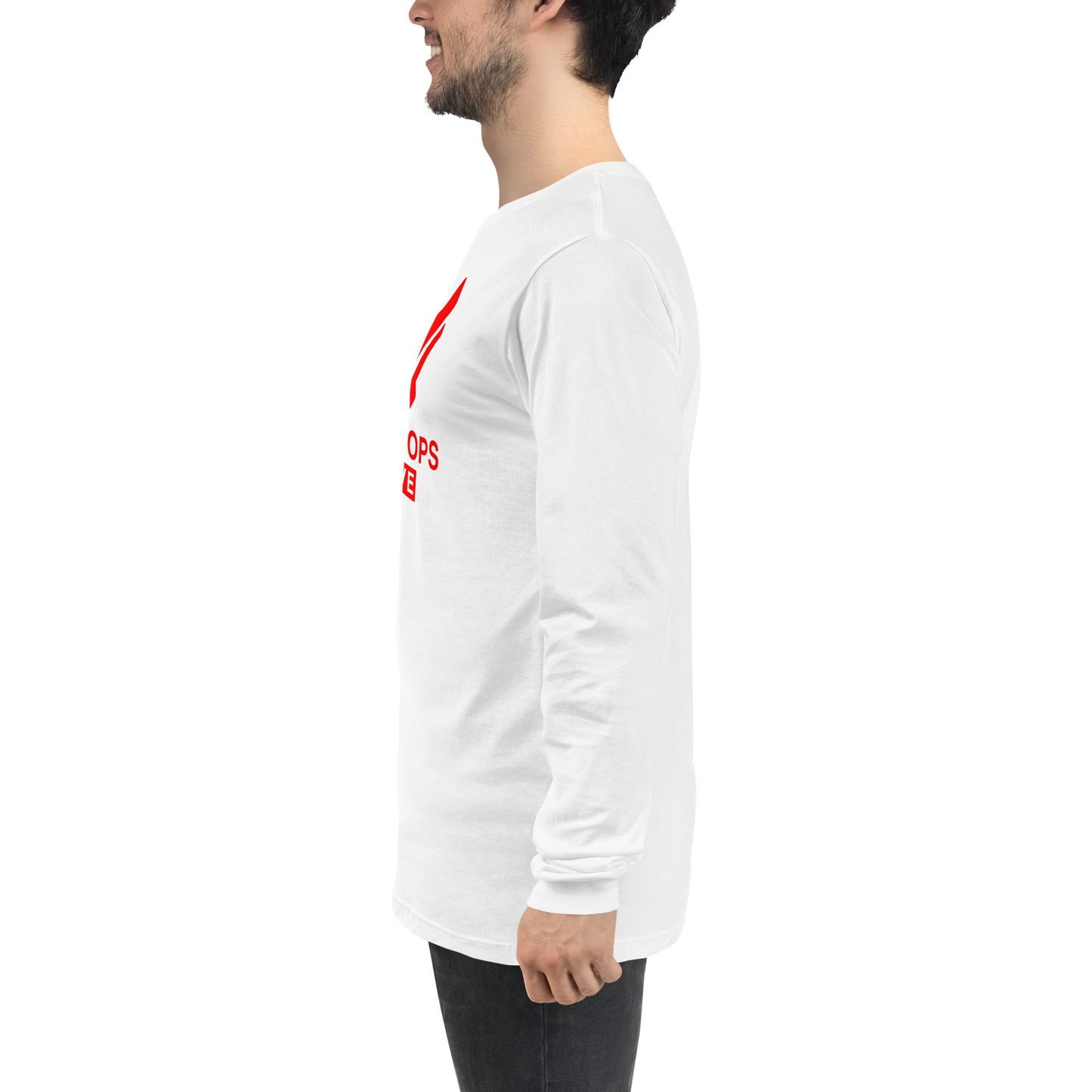 Unisex Long Sleeve Tee - Sky Ops Live Classic Logo Front w/ Signature Logo Right Sleeve in Thunderbird Red