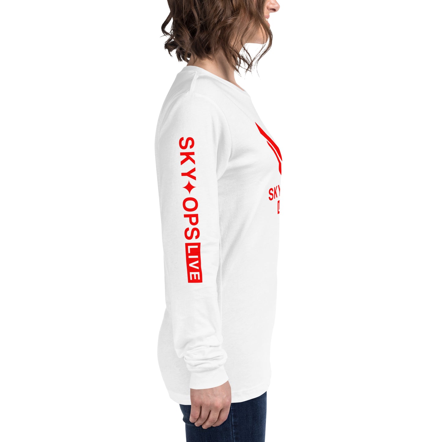 Unisex Long Sleeve Tee - Sky Ops Live Classic Logo Front w/ Signature Logo Right Sleeve in Thunderbird Red