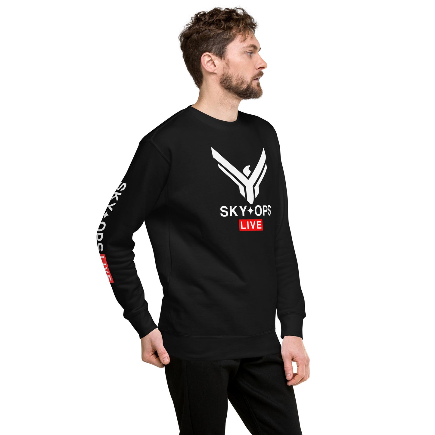 Unisex Premium Sweatshirt - Sky Ops Live Classic Logo on Front w/ Signature Logo Right Sleeve and Rear Logo Tag