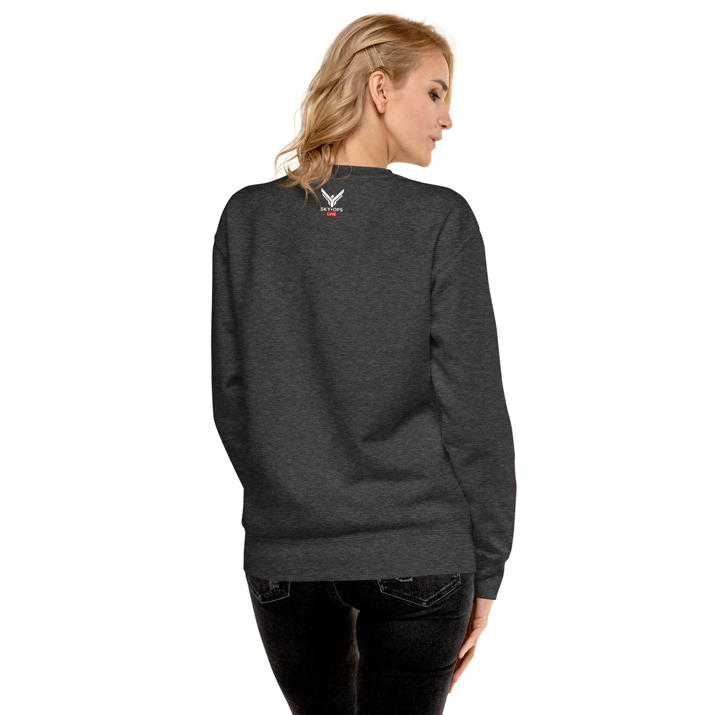 Unisex Premium Sweatshirt - Sky Ops Live Classic Logo on Front w/ Signature Logo Right Sleeve and Rear Logo Tag