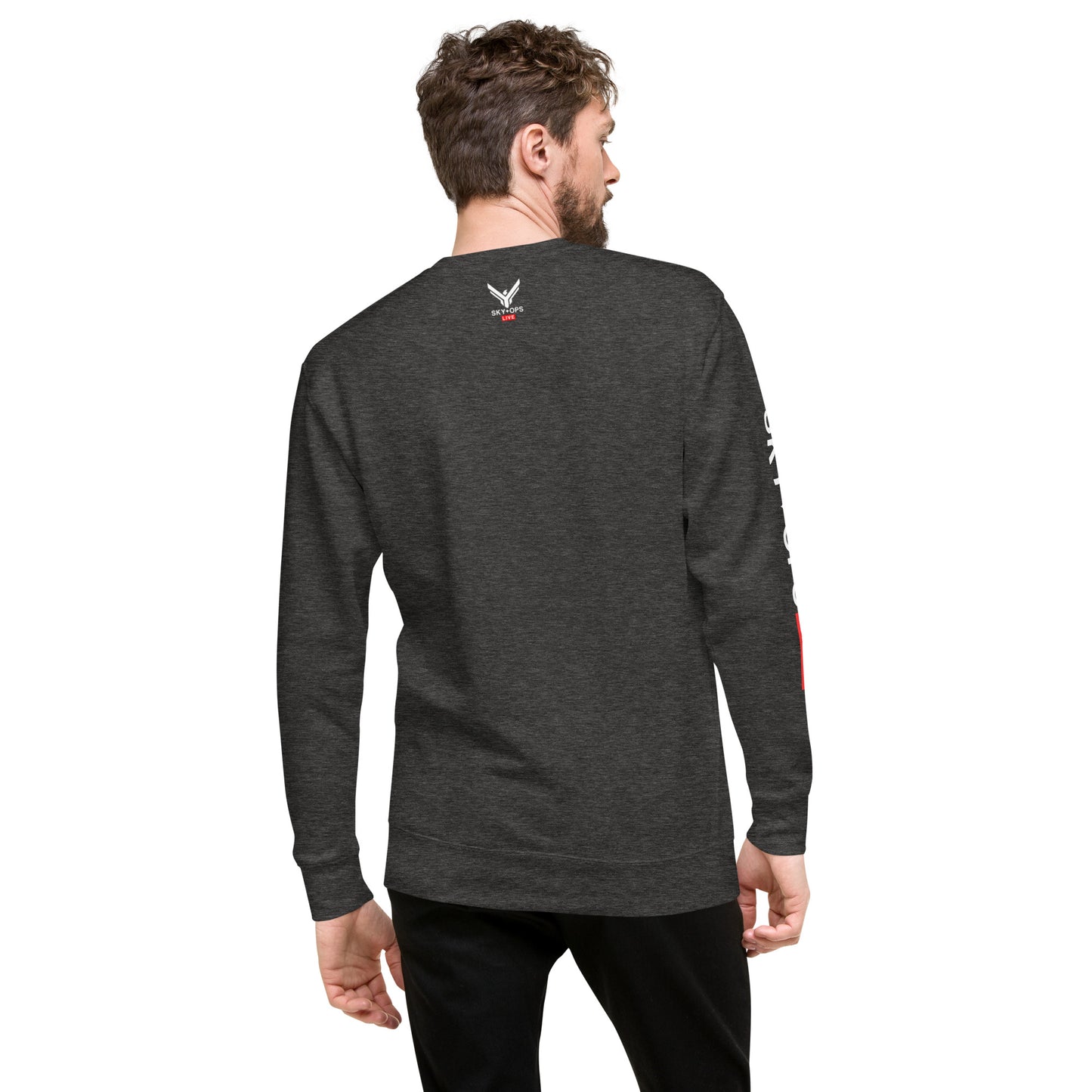 Unisex Premium Sweatshirt - Sky Ops Live Classic Logo on Front w/ Signature Logo Right Sleeve and Rear Logo Tag