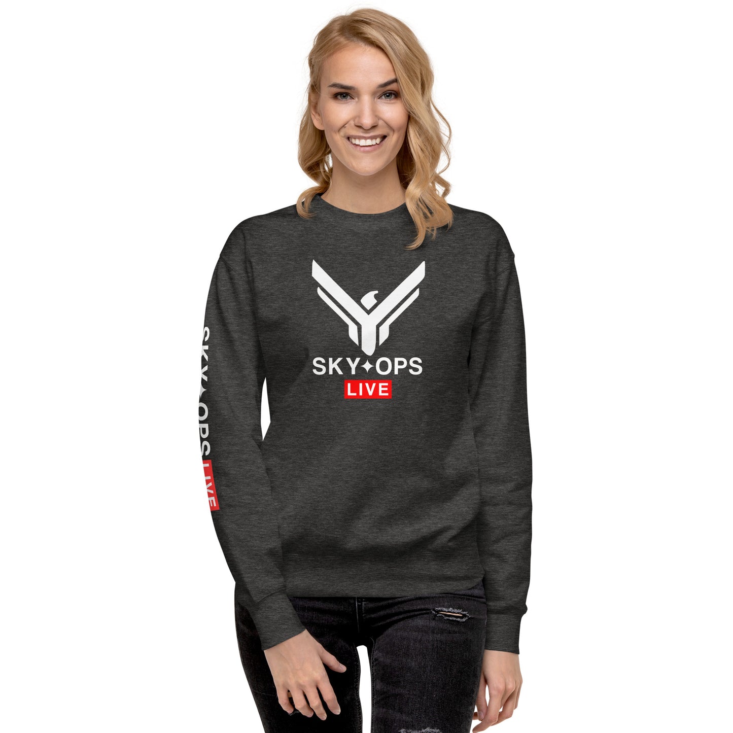 Unisex Premium Sweatshirt - Sky Ops Live Classic Logo on Front w/ Signature Logo Right Sleeve and Rear Logo Tag