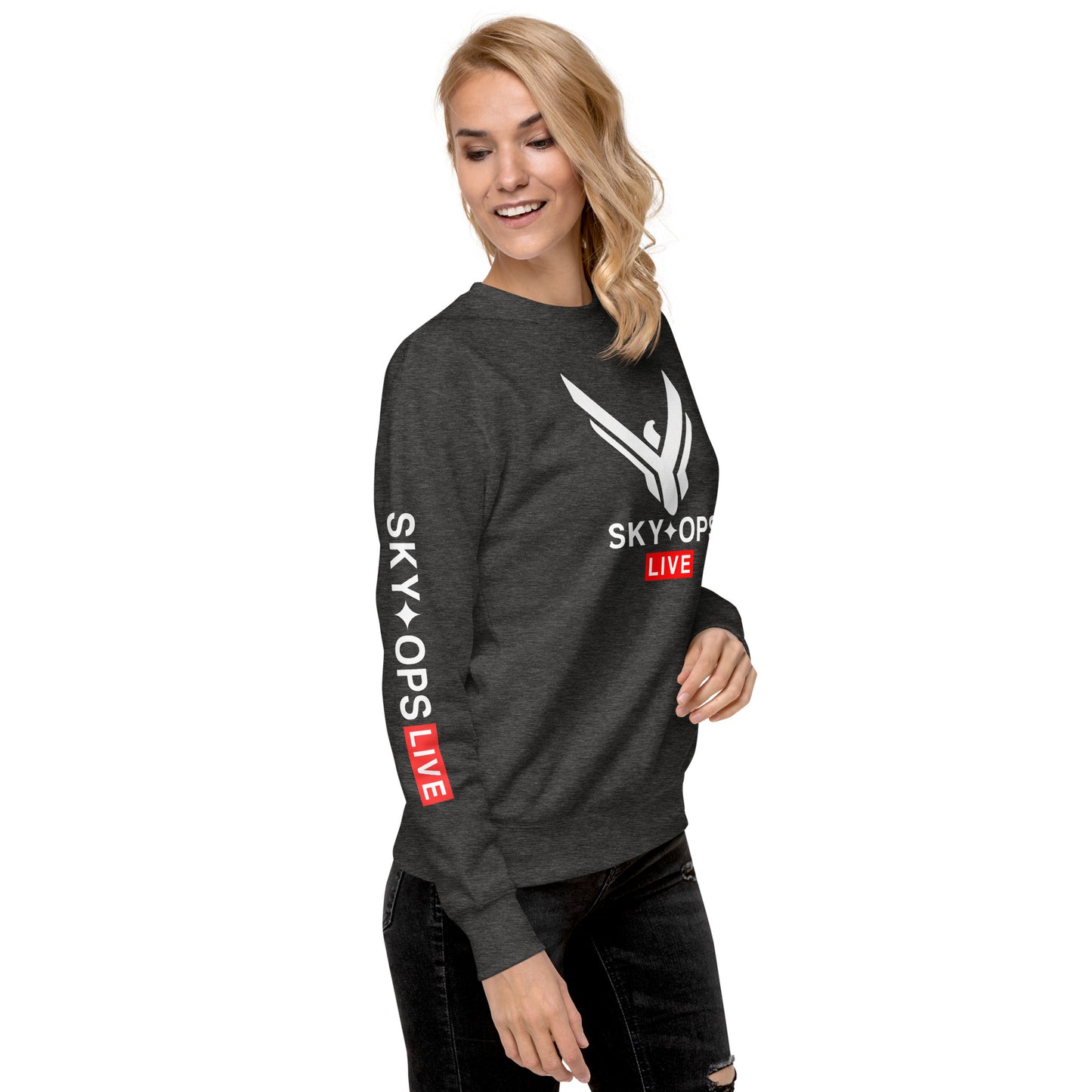 Unisex Premium Sweatshirt - Sky Ops Live Classic Logo on Front w/ Signature Logo Right Sleeve and Rear Logo Tag