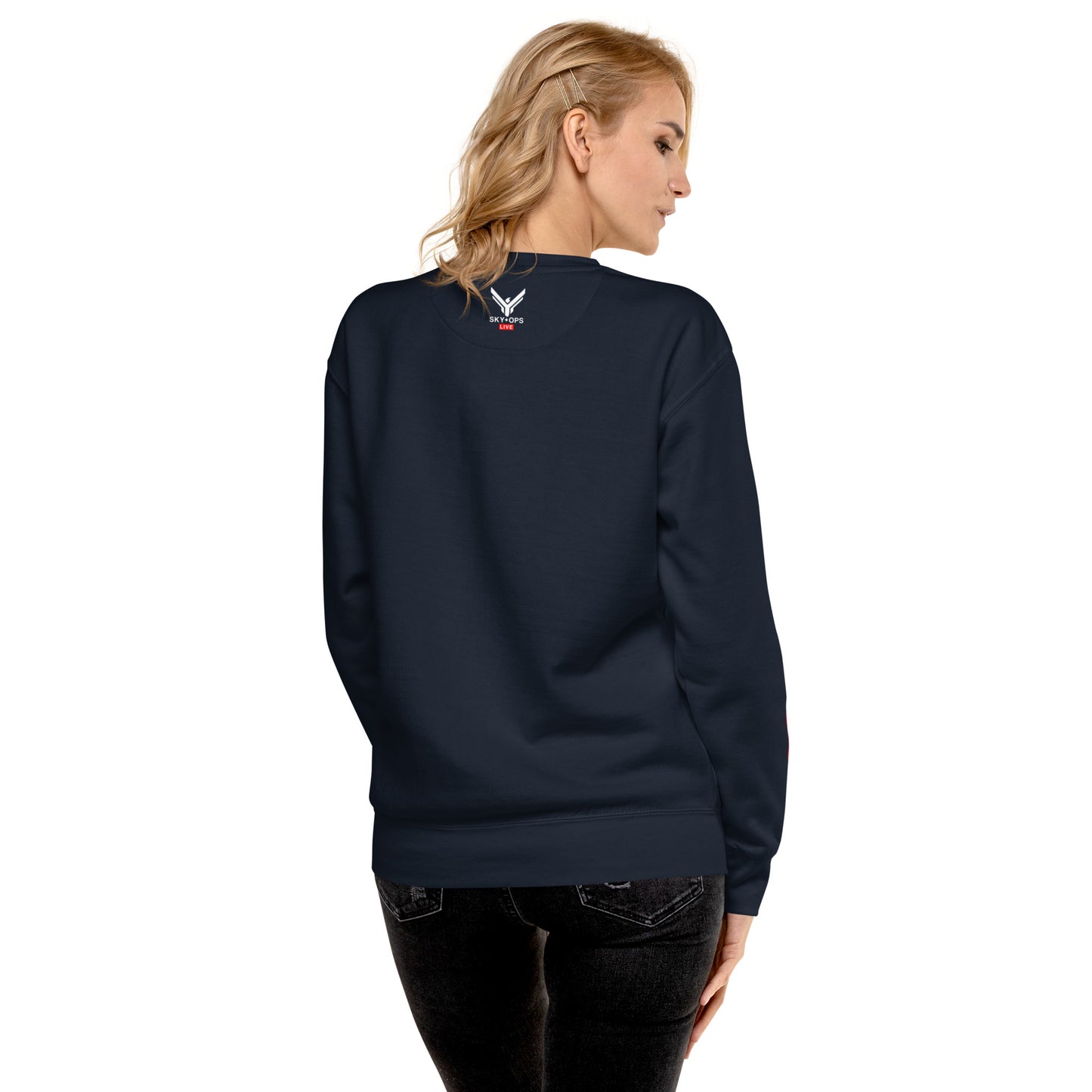 Unisex Premium Sweatshirt - Sky Ops Live Classic Logo on Front w/ Signature Logo Right Sleeve and Rear Logo Tag