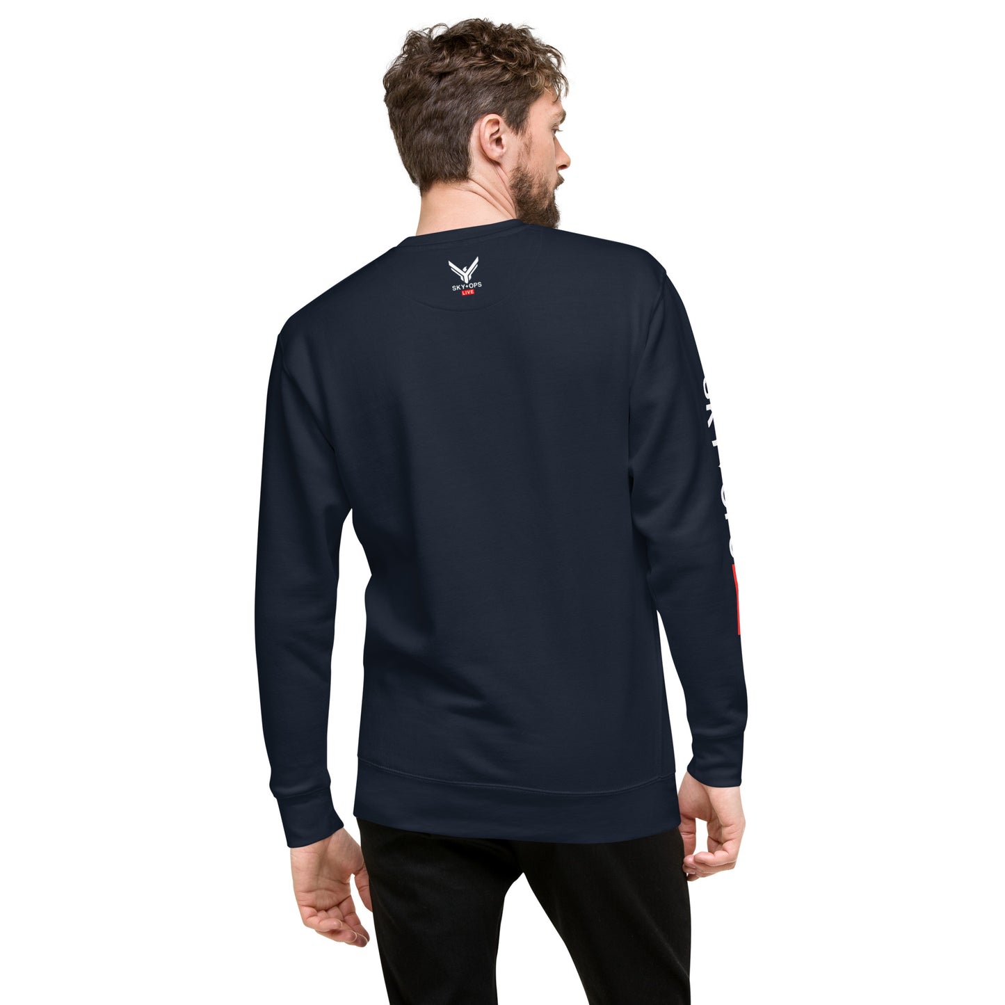 Unisex Premium Sweatshirt - Sky Ops Live Classic Logo on Front w/ Signature Logo Right Sleeve and Rear Logo Tag