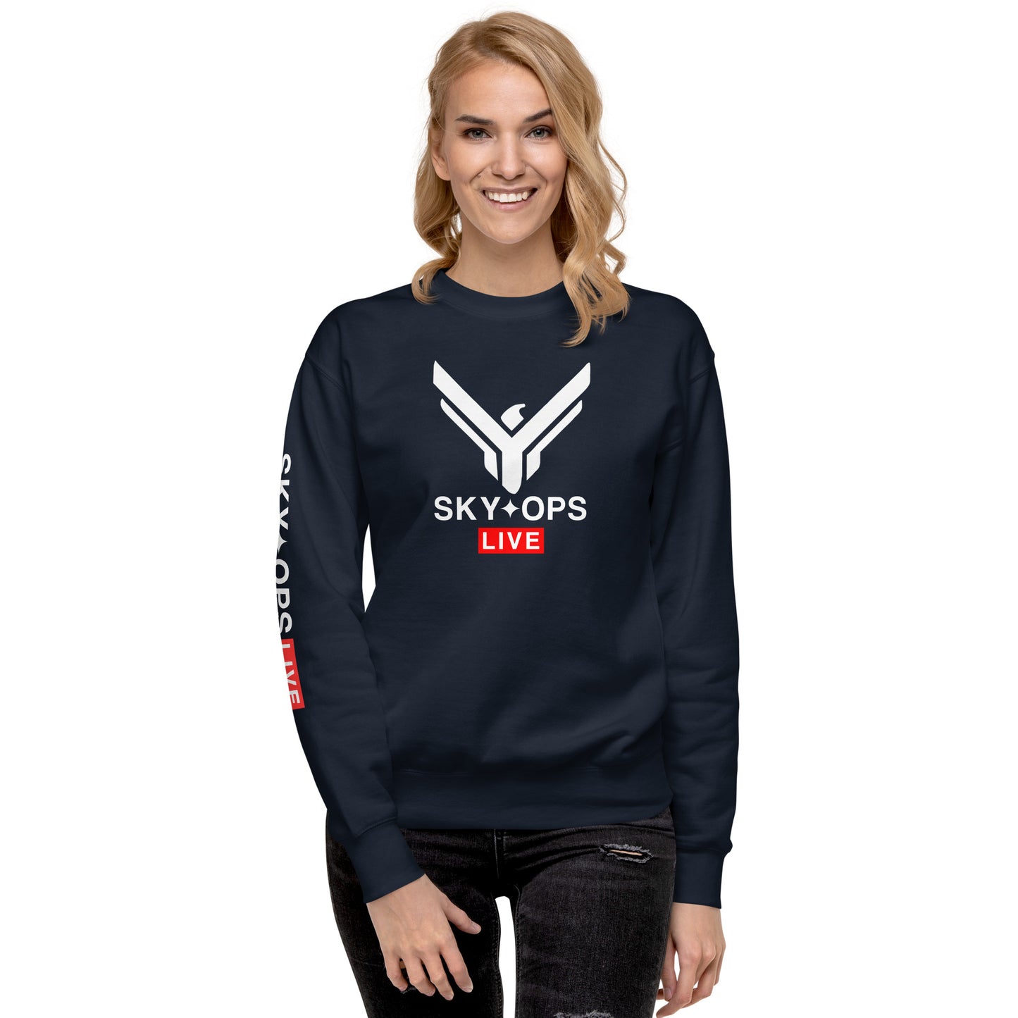 Unisex Premium Sweatshirt - Sky Ops Live Classic Logo on Front w/ Signature Logo Right Sleeve and Rear Logo Tag