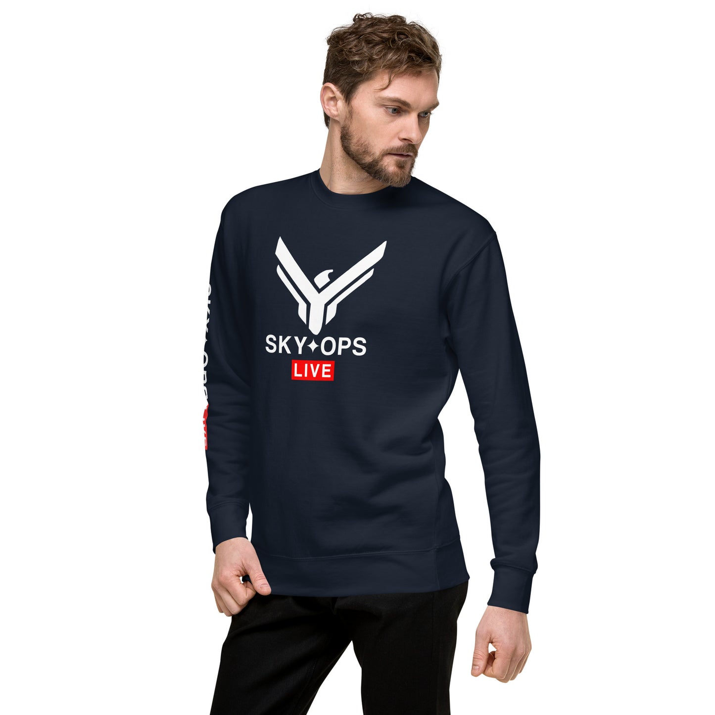 Unisex Premium Sweatshirt - Sky Ops Live Classic Logo on Front w/ Signature Logo Right Sleeve and Rear Logo Tag